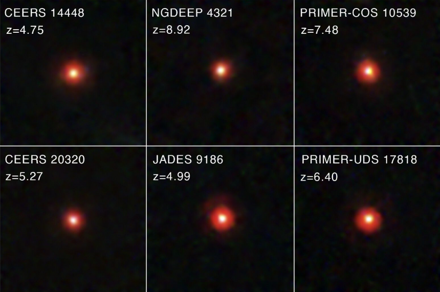 Små røde prikker i universet, oppdaget av Webb-teleskopet. Nå tror forskerne de mystiske prikkene er gigantiske «sort hull-stjerner». Foto:  Nasa, Esa, CSA, STScI, Dale Kocevski (Colby College)