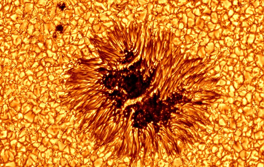 Det er i slike mørke solflekker at det kan skje store eksplosjoner. Foto:  SST (ROCS/UIO)