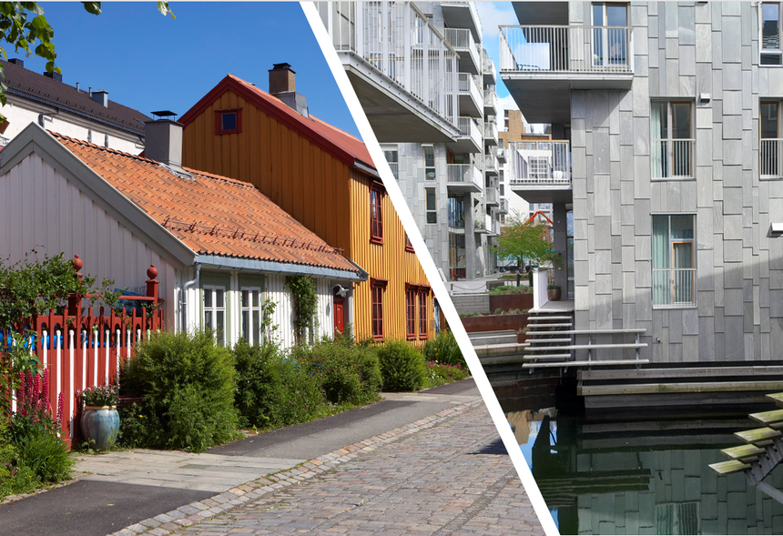 Dagens byggestandarder prioriterer energieffektivitet og arealutnyttelse, ikke dagslys. Vi bygger høyere og tettere for å få plass til flere boliger i områder rundt knutepunkter eller i byene. Dermed får vi mindre dagslys, både innendørs og på utearealer. Foto:  Tore Wuttudal/Samfoto/NTB og August Dominus/Wikimedia Commons CC BY-SA 1.0