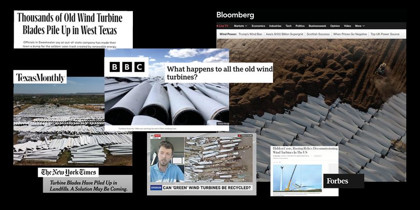 Nyhets- og markedsdatabyrået Bloombergs skrekkbilder fra et kommunalt deponi i USA i 2020 vakte oppsikt og satte fart i diskusjonen om hvor grønn vindindustrien egentlig er. Faksimiler fra Bloomberg, BBC, Sky News, New York Times, Forbes, Texas Monthly. Montasje:  Sølvi W. Normannsen/Gemini.no