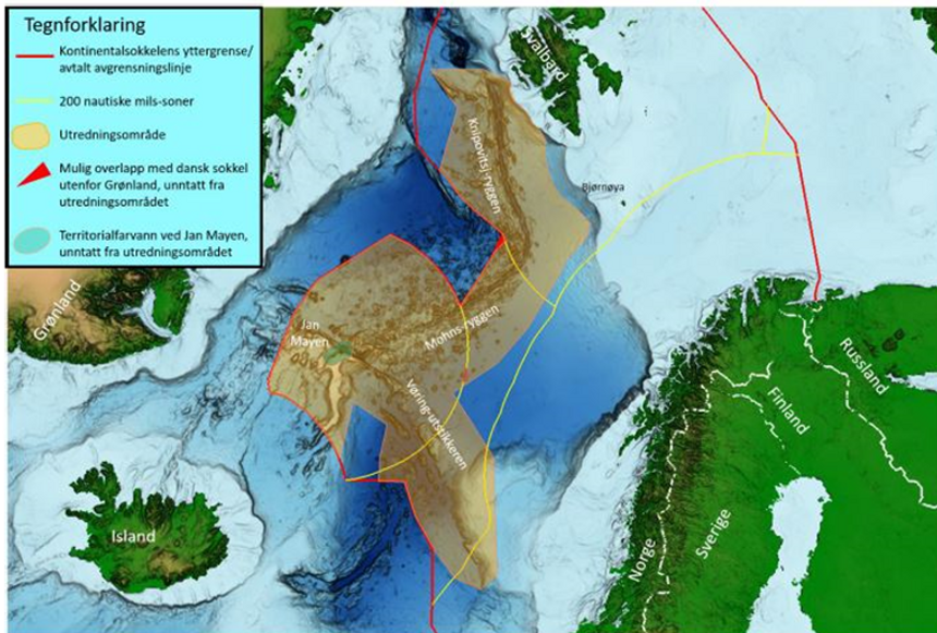 Kartet viser utredningsområdet (brunfarget sone) hvor regjeringen har igangsatt en åpningsprosess for mineralvirksomhet. Illustrasjon: OED og OD