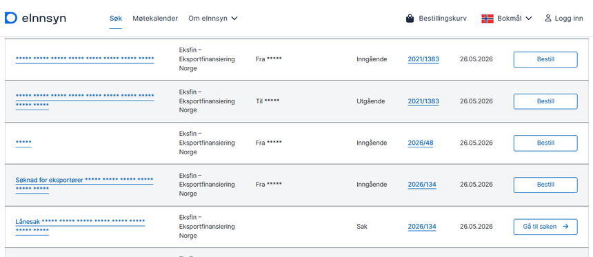 Dokumenttitler og avsendere er sladdet. Ingen av Eksfins dokumenter som angivelig er publisert, er tilgjengelig i tjenesten e-innsyn. <span>Skjermbilde fra Einnsyn</span>