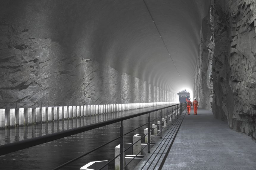 Illustrasjonen viser hvordan skipstunnelen kan se ut innvendig. Illustrasjon: Kystverket/Snøhetta/Plomp
