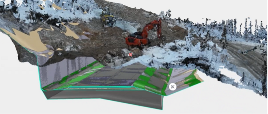 Slik kan 3D-modeller og skanning av byggeplassen brukes til å følge fremdrift, maskinplassering og gjenstående arbeid i sanntid. Foto: Statens vegvesen