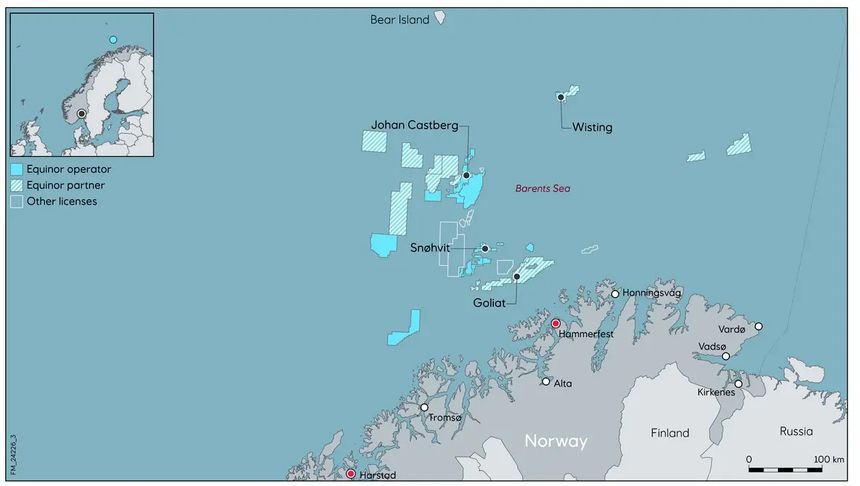 Kart over oljefeltene i Barentshavet. Illustrasjon:  Equinor