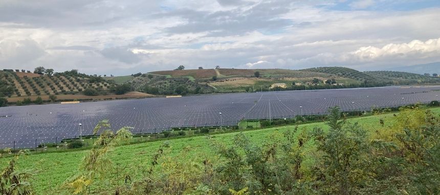 Nær 10 prosent av verdens elektrisitet kommer nå fra solceller. Men markedet for solcellepaneler er tøft, med lave priser og intens konkurranse mellom Kina og vestlige land. Her ser vi en solcellepark i Calabria i Italia. Foto:  Ingebjørg Hestvik/Gemini.no