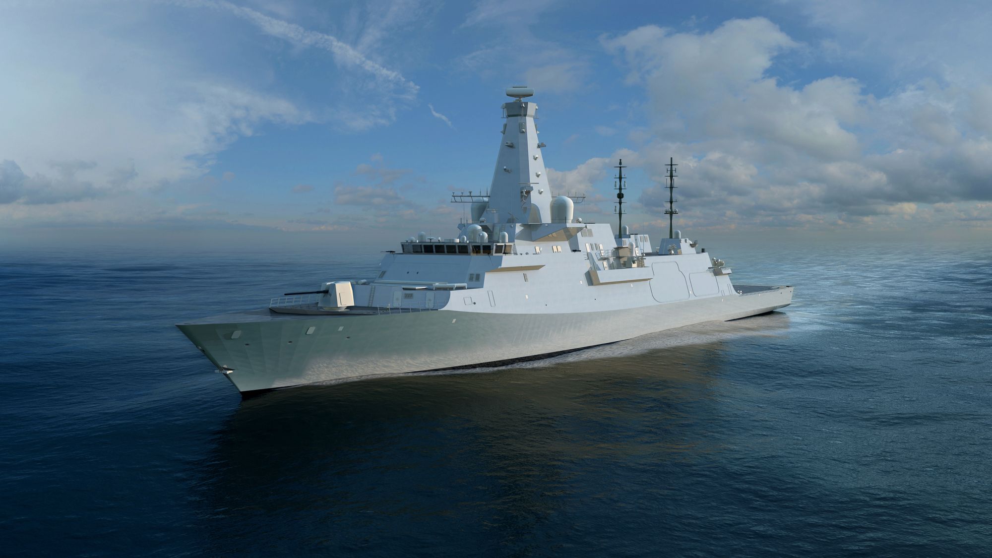 Type 26, produsert av BAE Systems, er den britiske fregatten – med anti-ubåt-missiler og luftvern. Den er svært stillegående med et svært avansert sonarsystem og et deplasement på 7600 tonn. <em>Illustrasjon: BAE Systems</em>