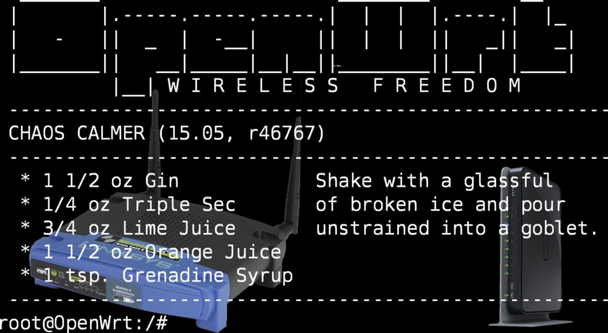 OpenWrt-utgavene er oppkalt etter drinker, og oppskriftene følger med. Her er terminalgrensesnittet til en versjon fra 2015, sammen med et par rutere som støttes.