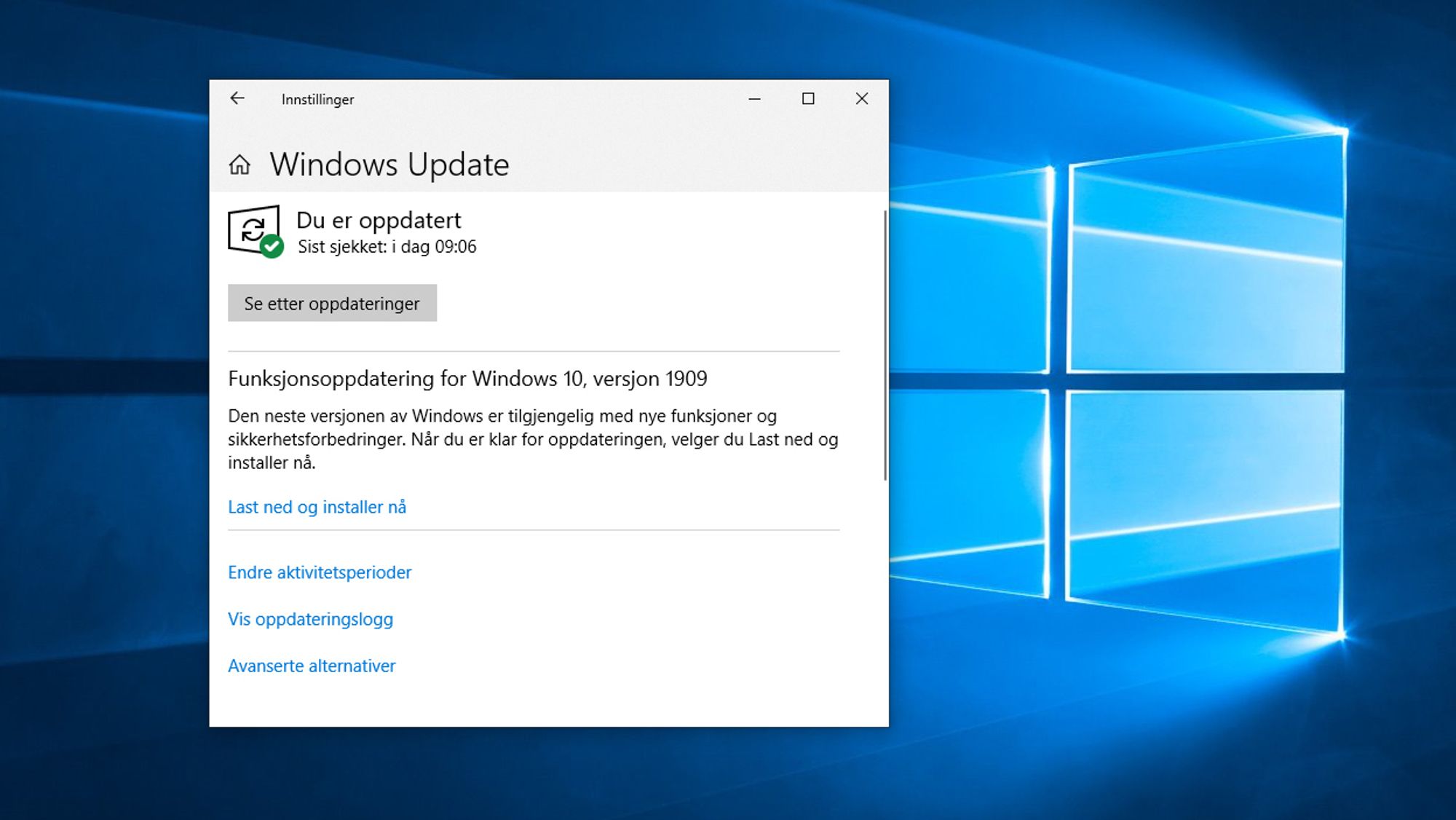 Windows 10, versjon 1909 er klar for installering.