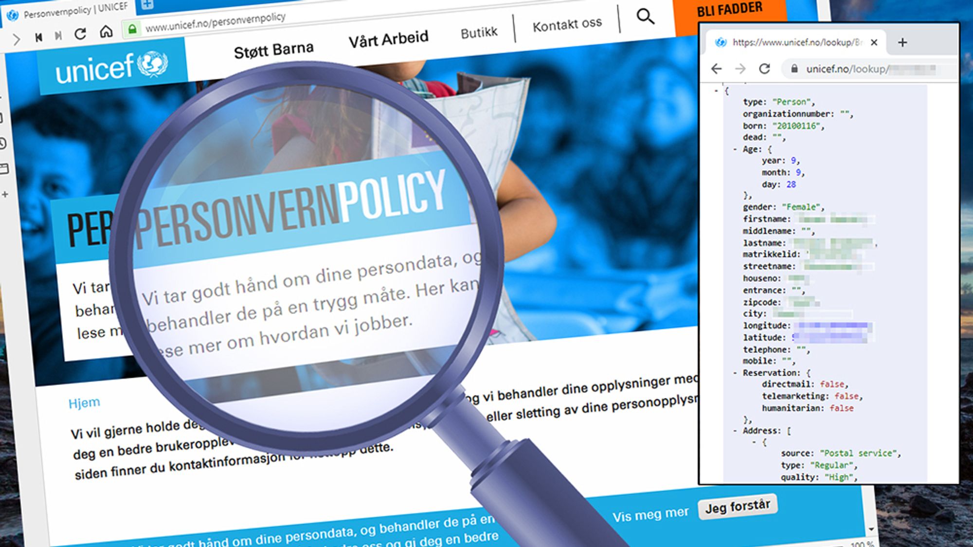 Personopplysninger om store deler av befolkningen, ikke deres egne kunder, lå fritt tilgjengelig fra nettsidene til Unicef Norge. Det inkluderer data om barn, voksne og virksomheter. Innfelt ser vi oppføringen til en vilkårlig 9-åring, som vi har valgt å sladde. Hjelpeorganisasjonen er ikke alene om å benytte såkalte nummeropplysningsdatabaser.