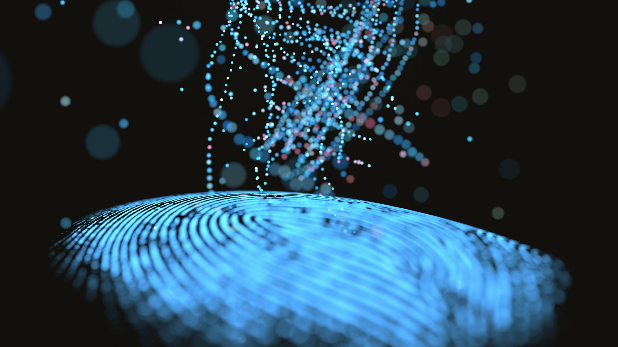 3D illustration. Genetic code DNA coming out of the fingerprint.