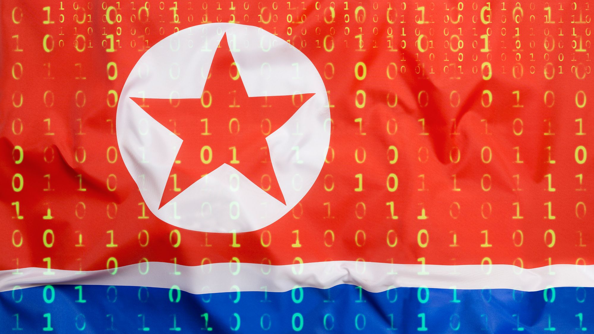 Data protection, binary code with North Korea flag