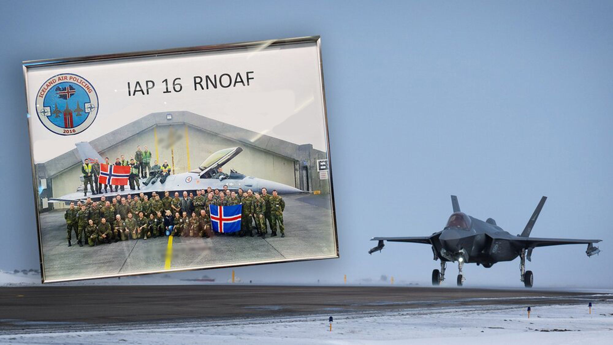 Etter fire års pause, der Luftforsvaret har hatt nok med innfasing av nye kampfly, har de nå i mars igjen tatt på seg «Iceland Air Policing»-oppdraget. Bildet med F-16 viser detasjementet i 2016 og henger på veggen på messa på Keflavik.