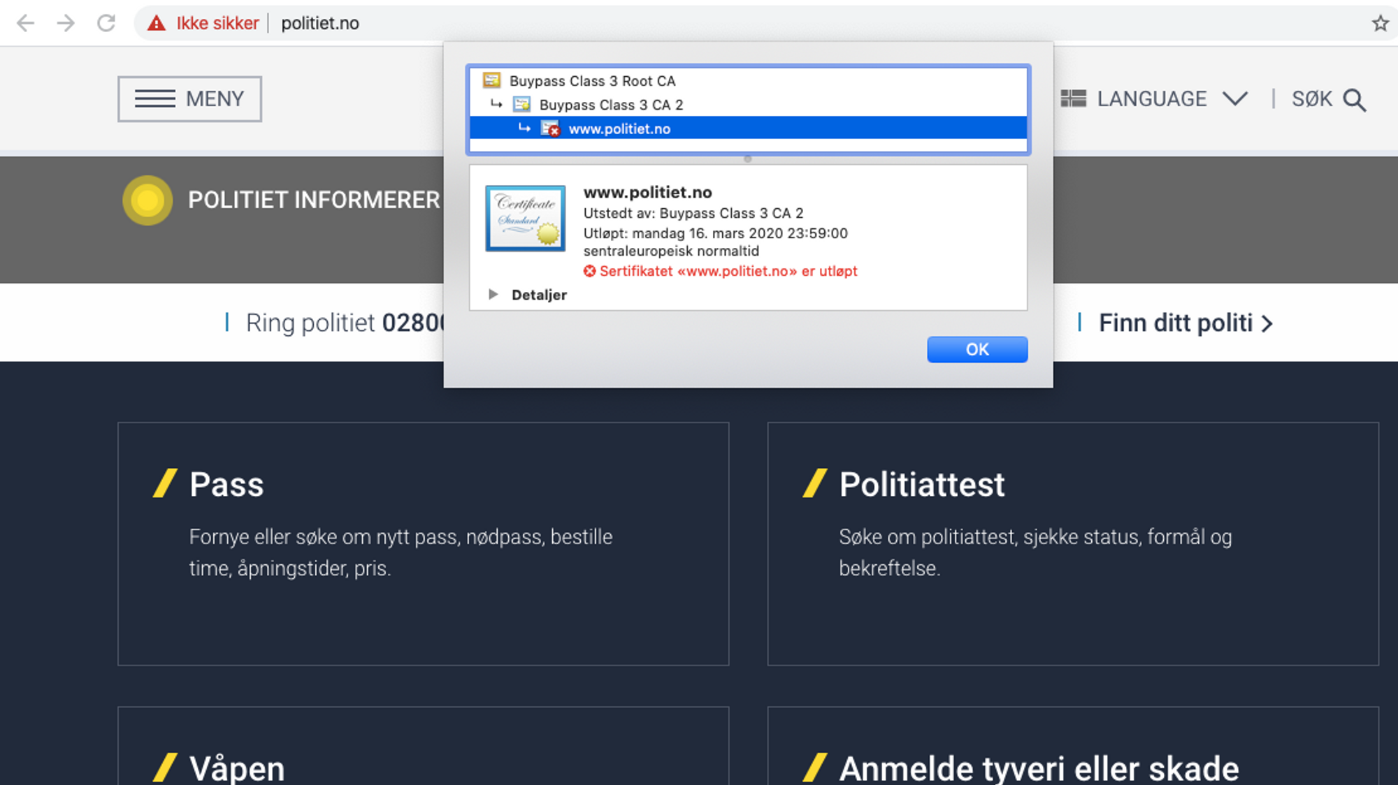 Utløpt sertifikat ga feilmelding i nettleseren.