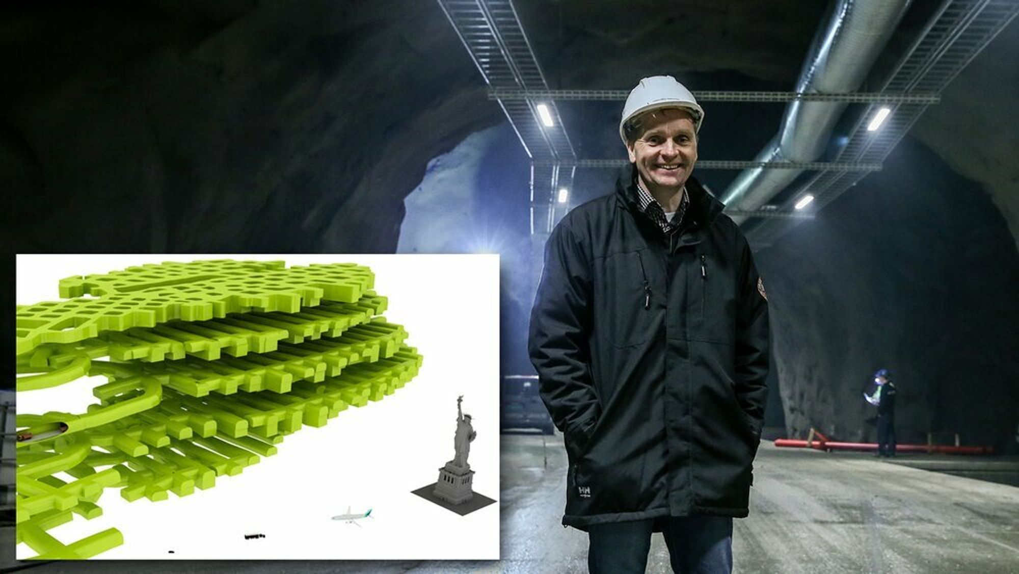 Styrer Lefdal Mine Datacenter: Jørn Skaane har bakgrunn fra energibransjen og er bosatt i Holmestrand. Her er han i gruven som har opptatt all hans yrkesaktive tid de siste årene. Fleksibilitet og skreddersydde løsninger er varemerket til datasenteret i Nordfjord. Illustrasjonen til venstre viser omfanget av gruven med nivå 2, 3 og 4. Datasenteret som åpnes nå ligger på nivået i midten.