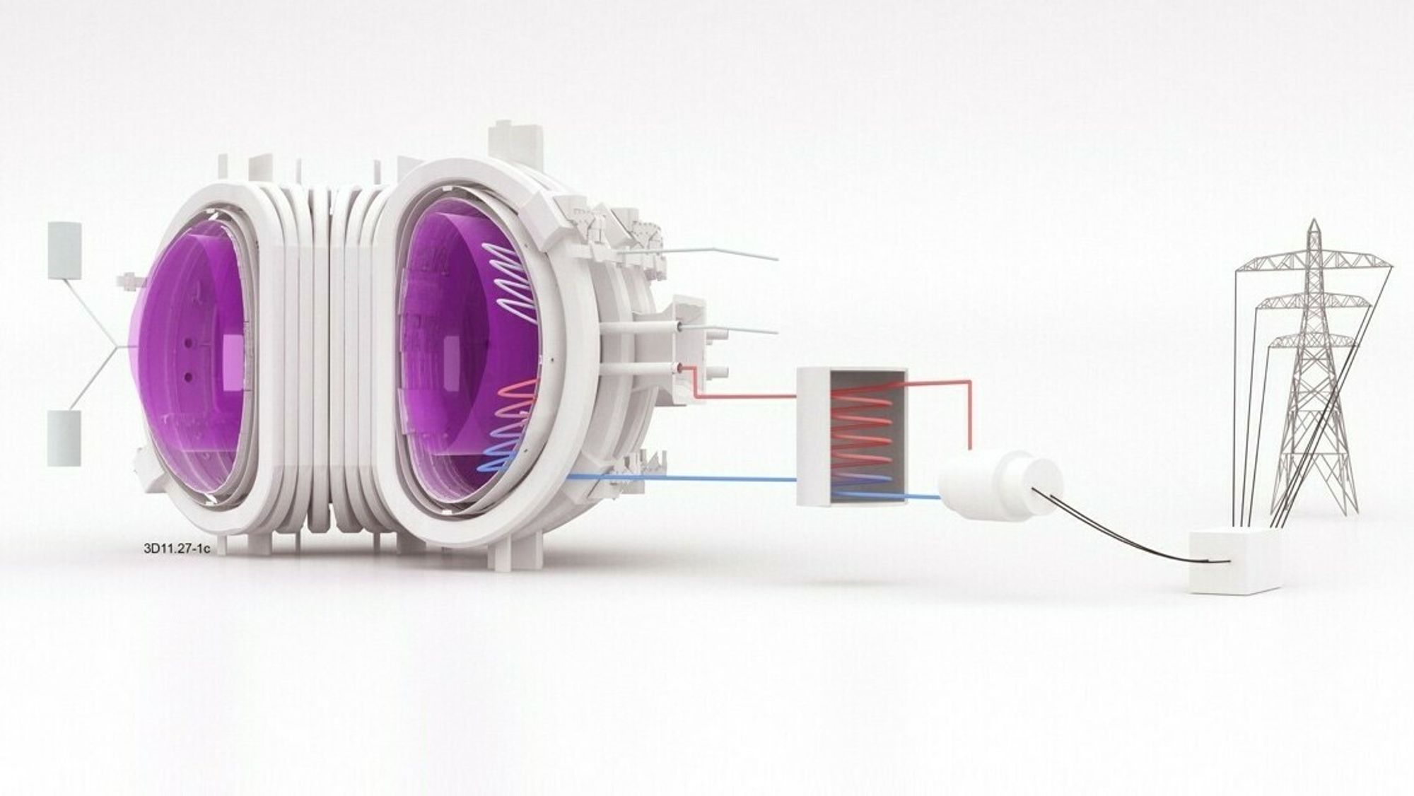 Skisse av en fusjonsreaktor med varmeveksler og generator som leverer strøm på nettet.