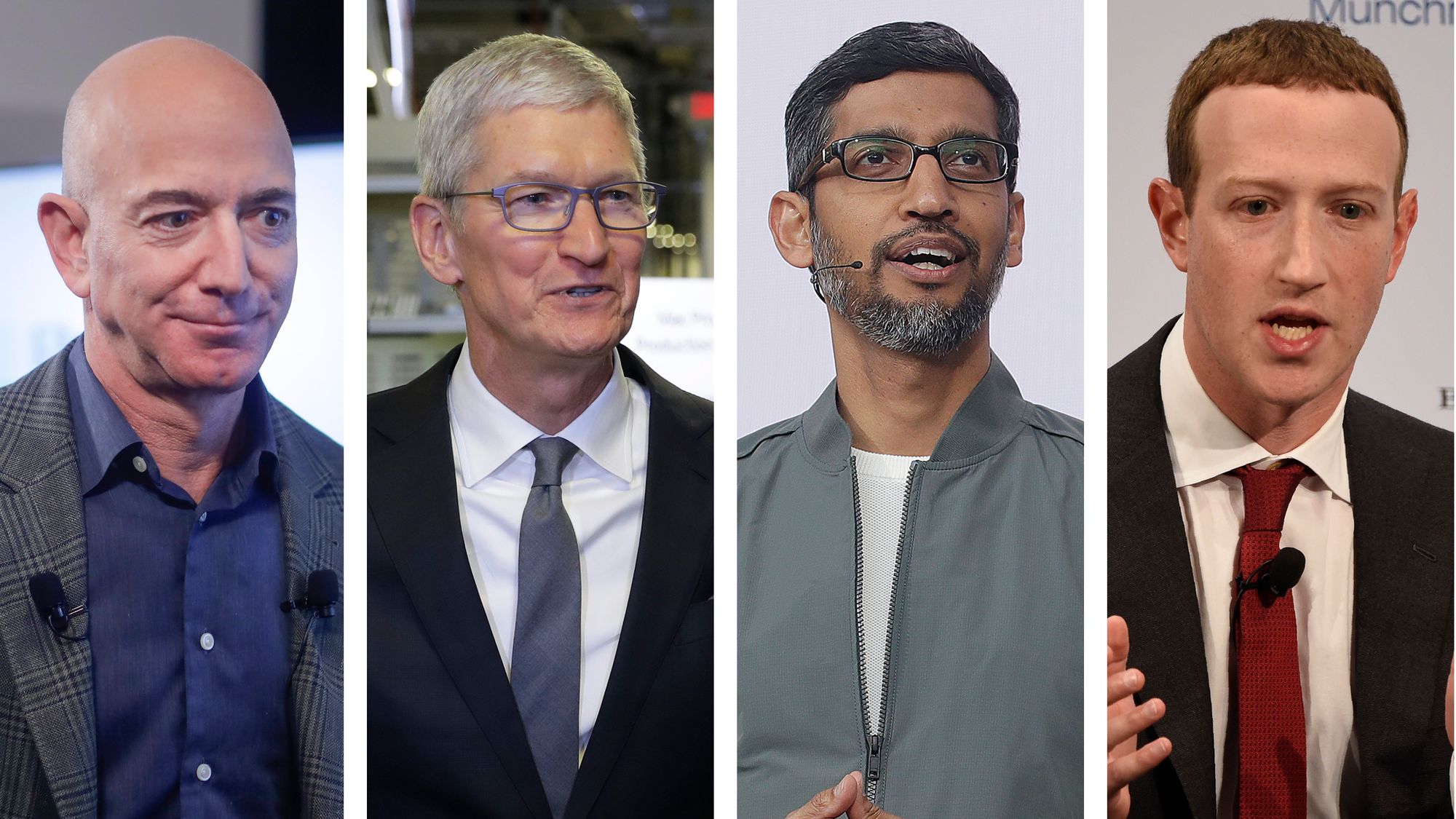 De fire mektige topplederne Jeff Bezos (Amazon), Tim Cook (Apple), Sundar Pichai (Google) og Mark Zuckerberg (Facebook) skal forklare seg for Kongressen onsdag.