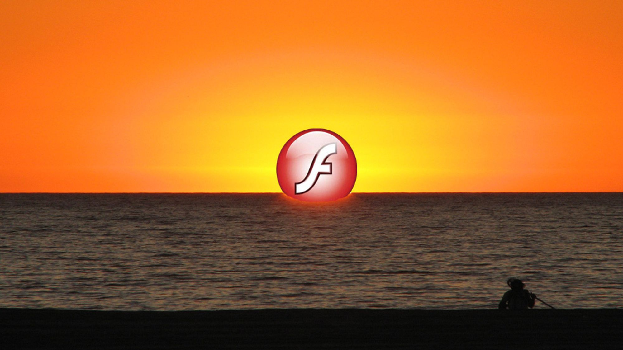 Logoen til Adobe Flash Player forsvinner ned i havet. Illustrasjonsfoto.