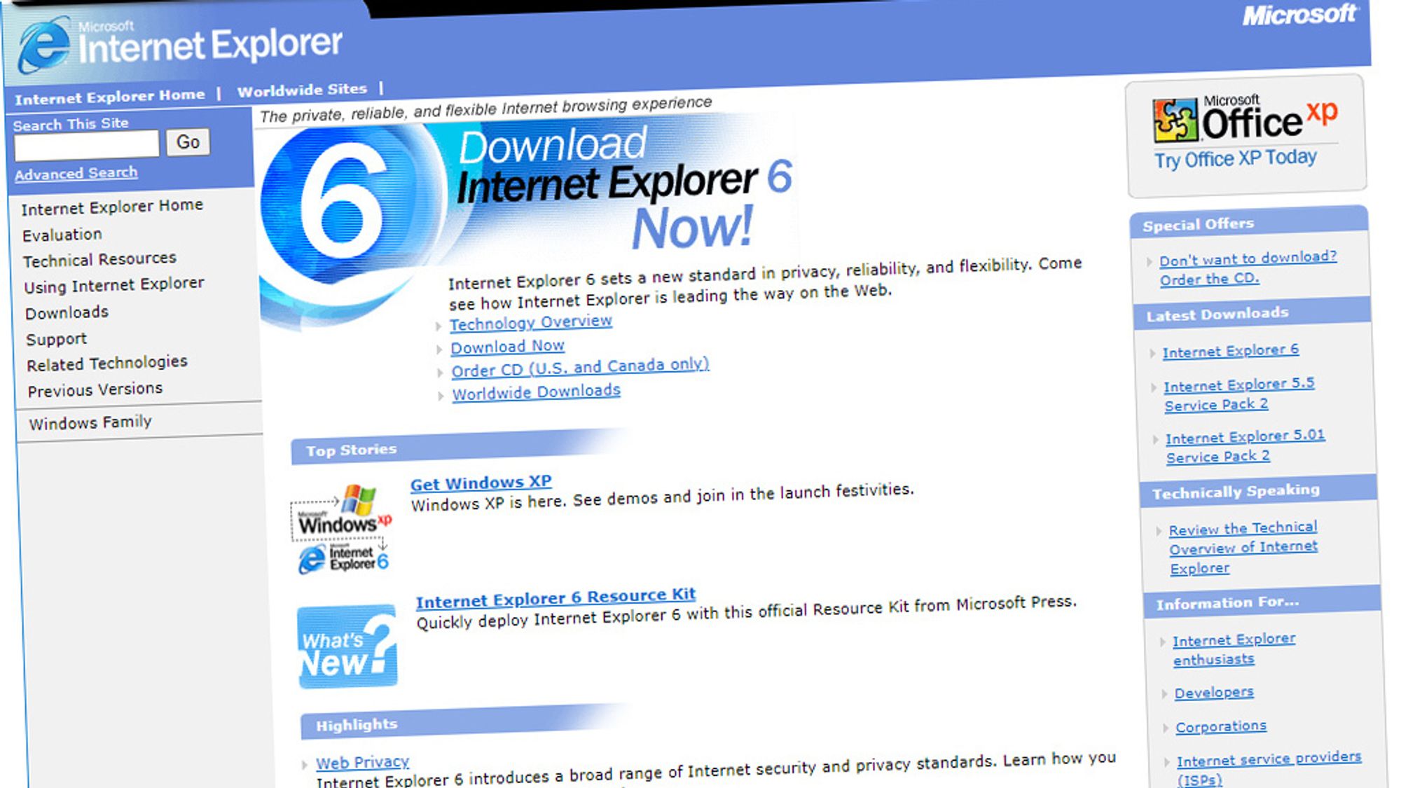 Microsofts webside for Internet Explorer 6, slik den så ut i november 2001.