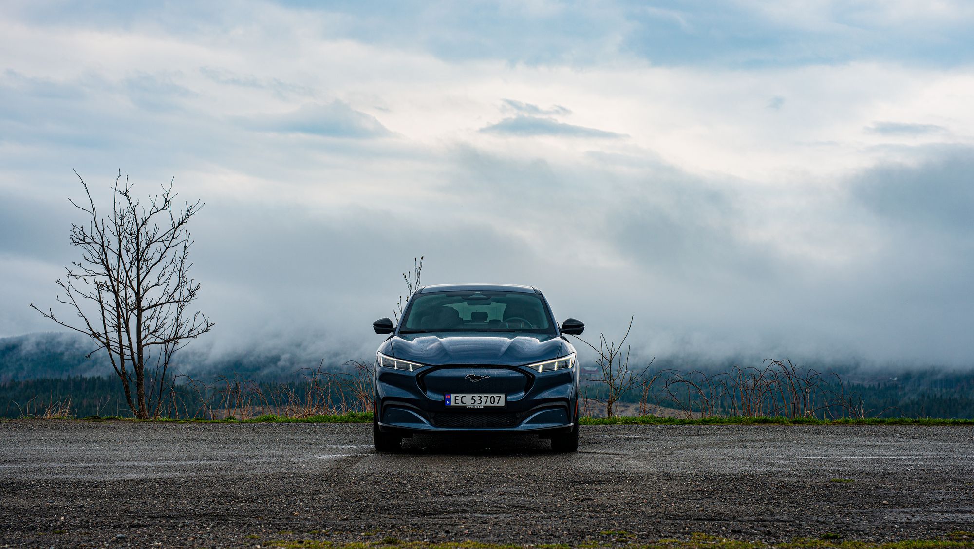 Ford Mach-e kommer i flere forskjellige varianter. Vi har testet Standard Range og Long Range-variantene med firehjulstrekk. Her står bilen ved Lygna, mot Einavatnet.