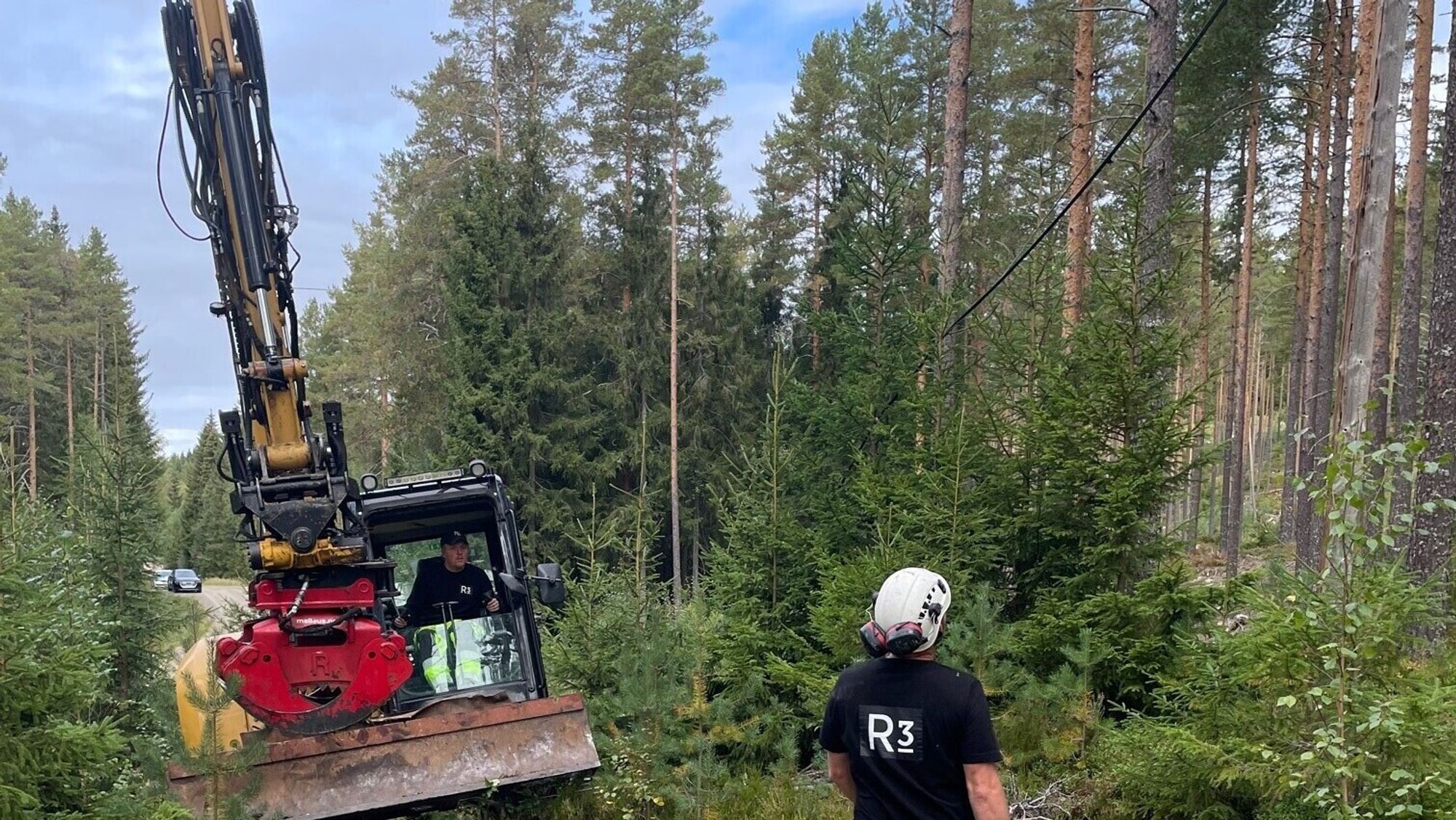 Store skogsmaskiner er inne i skogen og henter ut de gamle telefonstolpene.