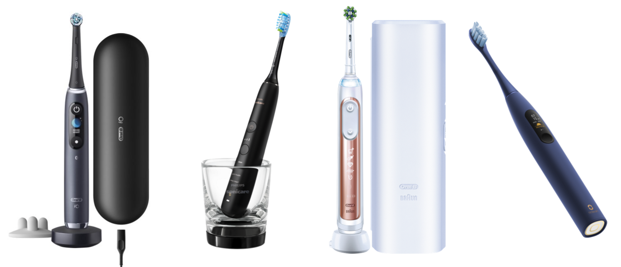 Vi har testet Oral-B IQ 9S (t.v.), Philips Diamond Clean 9000, Oral-B Genius X og Oclean.