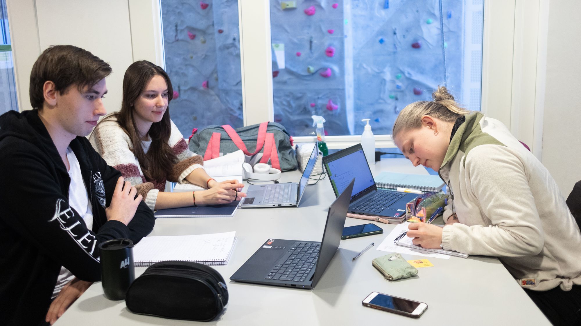 – Det er sikkert positivt å føle stress, inntil en viss mengde. Men jeg kan ikke slappe av før jeg har gjort alt jeg må gjøre, sier Maren Skjåvik (t.h.) Hun går førsteåret av bioteknologi- og kjemiingeniørstudiet ved Oslo Met sammen med (f.v.) Aleksander Mjøen og Jovana Pesut.