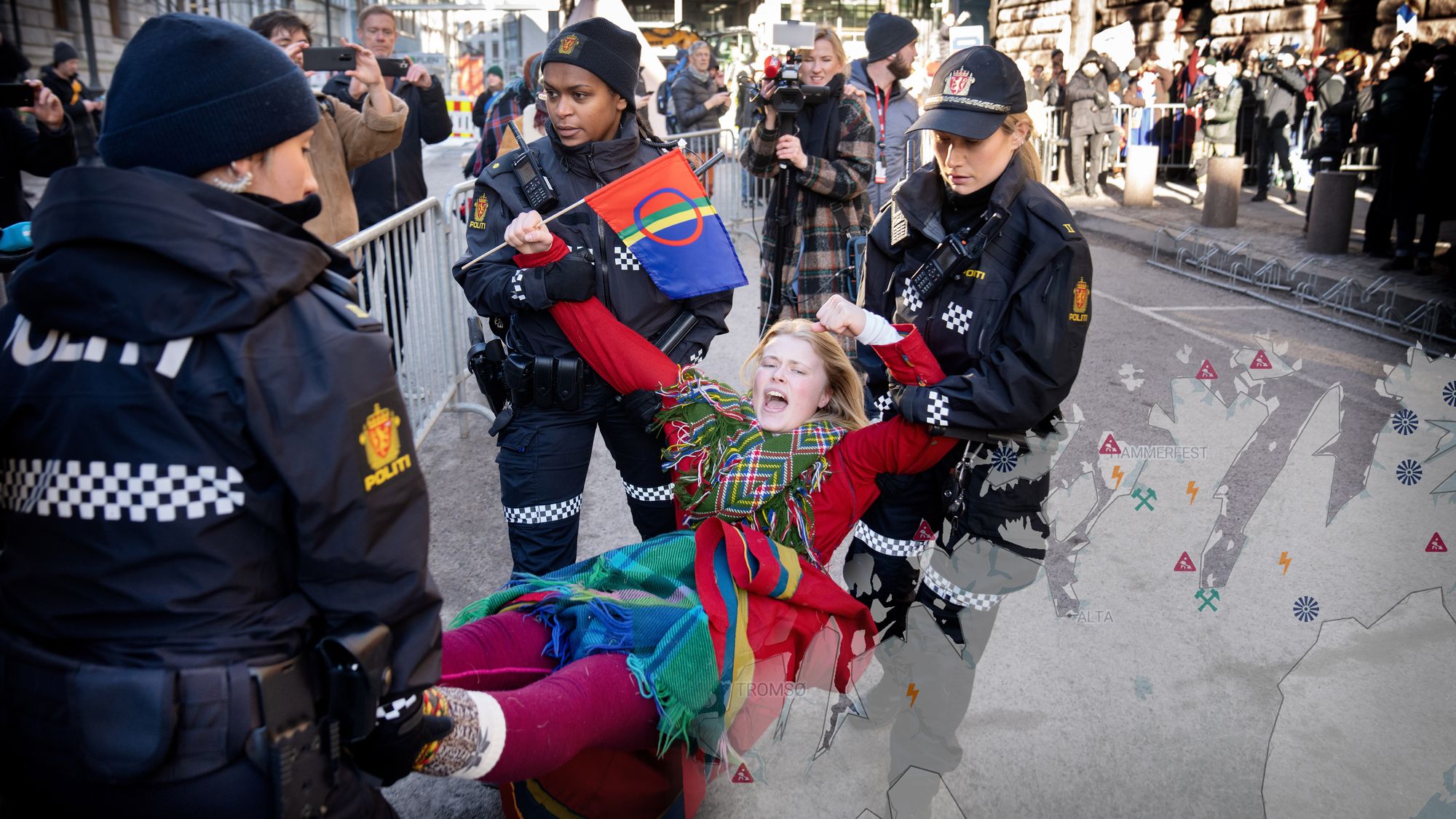 Noen kraftutbyggings-saker er så konfliktfylte at de bør legges bort med en gang, mener NVE. Bildet er fra en demonstrasjon fra mars i år, da det var 500 dager siden reindriftssamene på Fosen vant over staten i Høyesterett. 