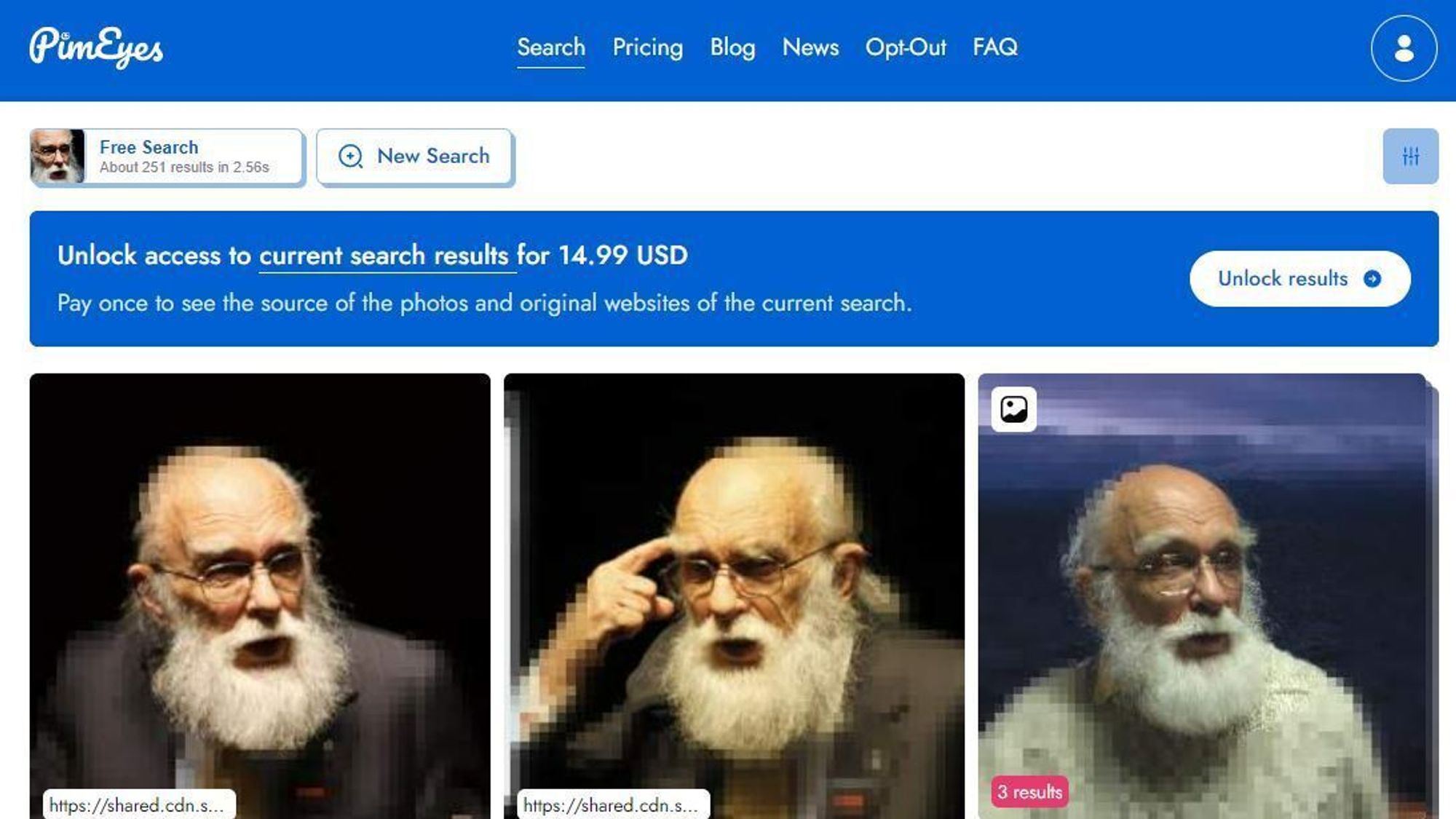 Vi ga Pimeyes et bilde av nå avdøde James Randi, og tjenesten fant både det bildet og en rekke andre.