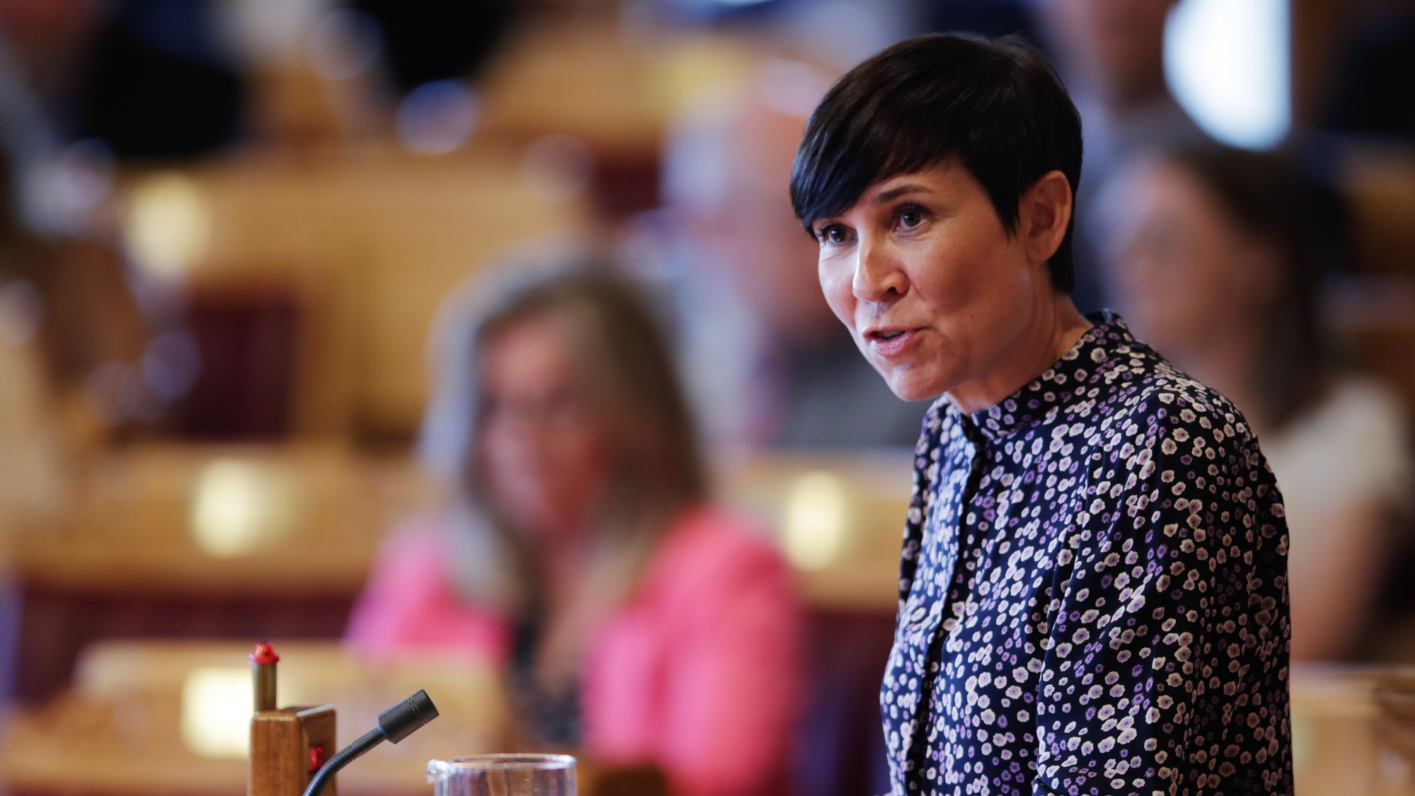 Leder for utenriks- og forsvarskomiteen på Stortinget, Ine Eriksen Søreide (H), mener det finnes rettslig rom for å nekte forskningstokt i norsk økonomisk sone. Bildet tatt i forbindelse med Stortingets muntlige spørretime. Foto: Rodrigo Freitas, NTB.