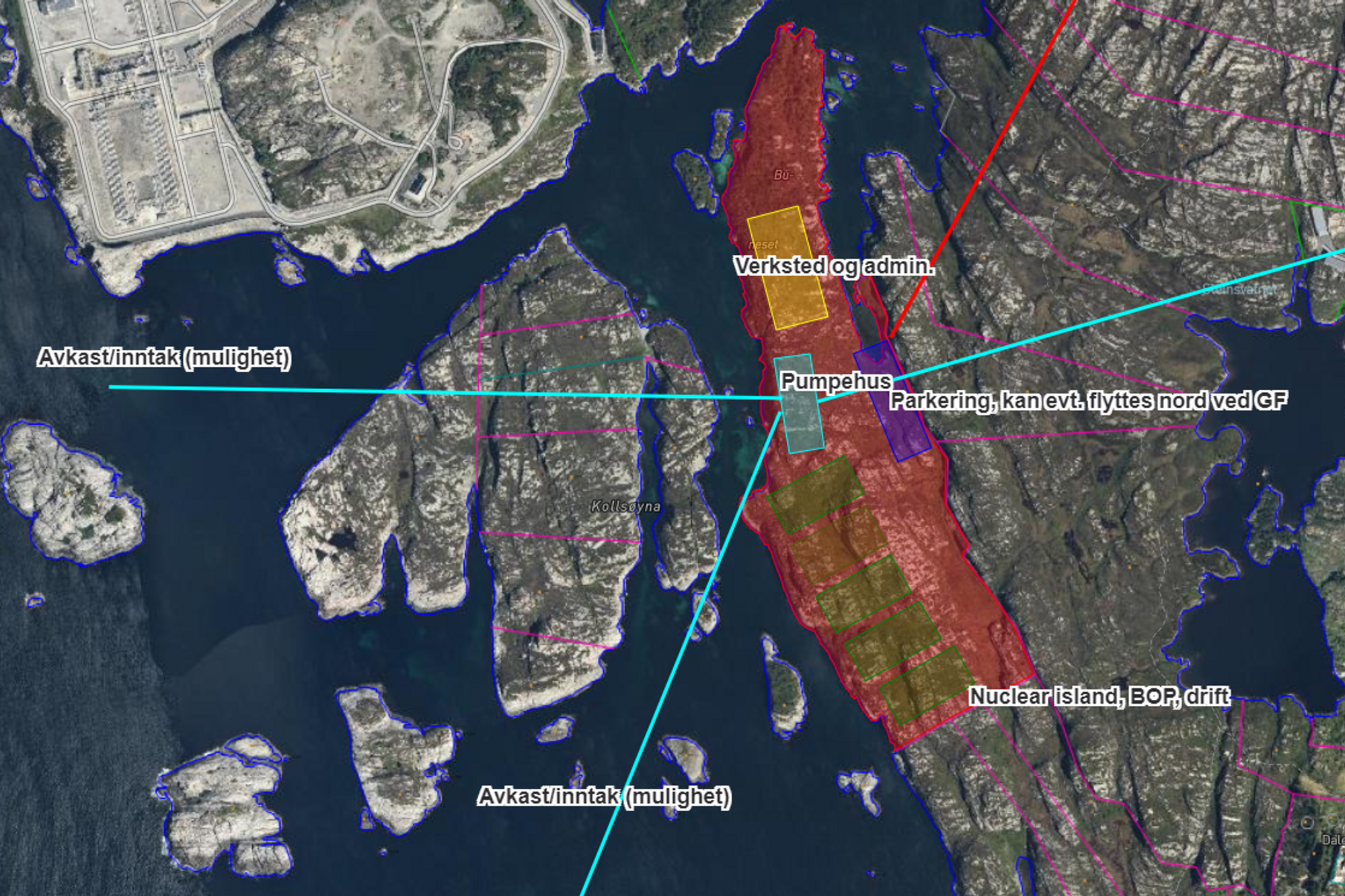 På det merkede området ønsker Norsk Kjernekraft å bygge SMR-anlegg. Som skissen viser er det god plass til minst fem anlegg, men det kan også være plass til sju 300 MW-anlegg. Øverst til venstre ligger det store gassprosesseringsanlegget på Kollsnes.