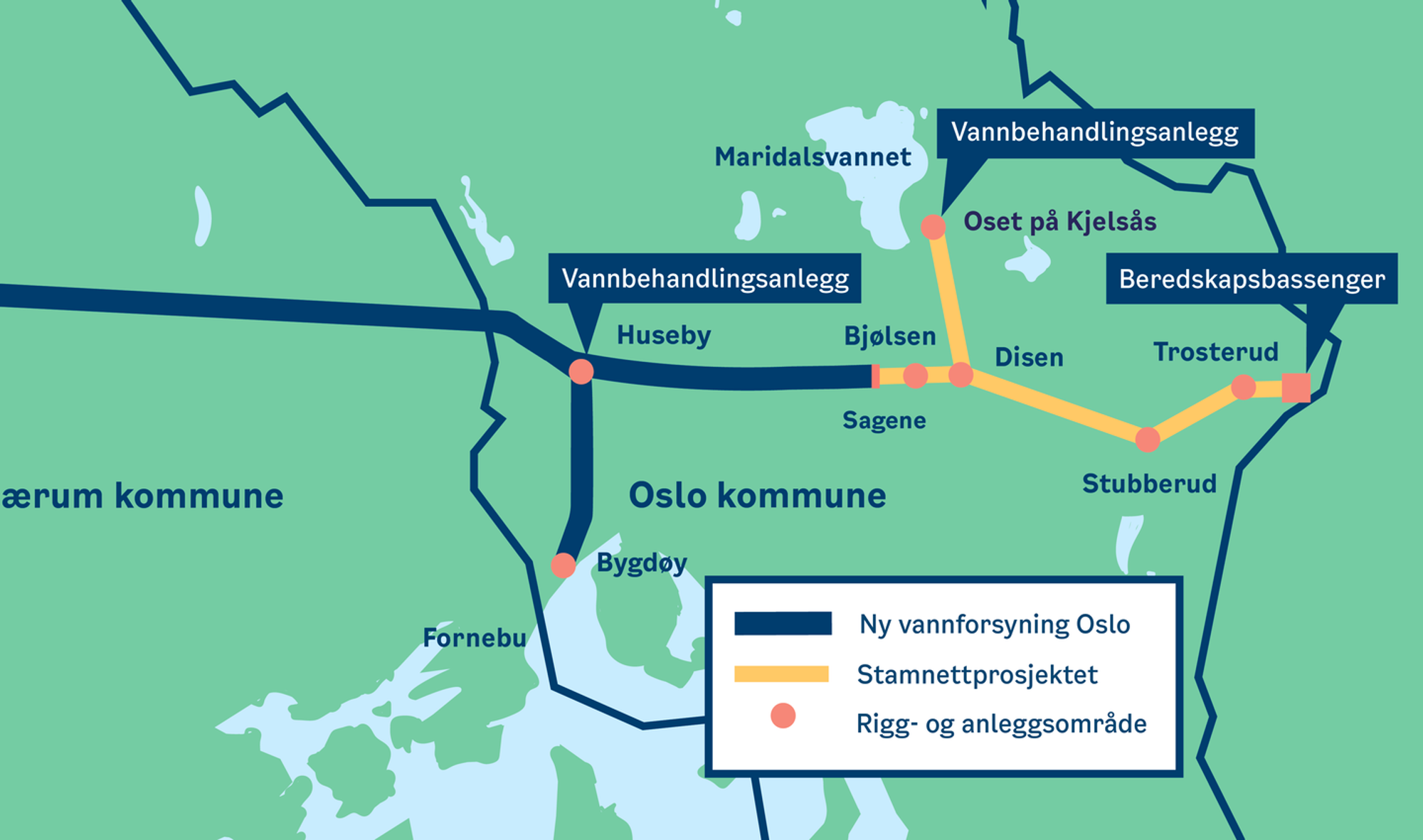 Kart over ny vannforsyning i Oslo. TBM'en borer de 11 kilometerne fra Trosterud ved Alnabru og til Huseby.