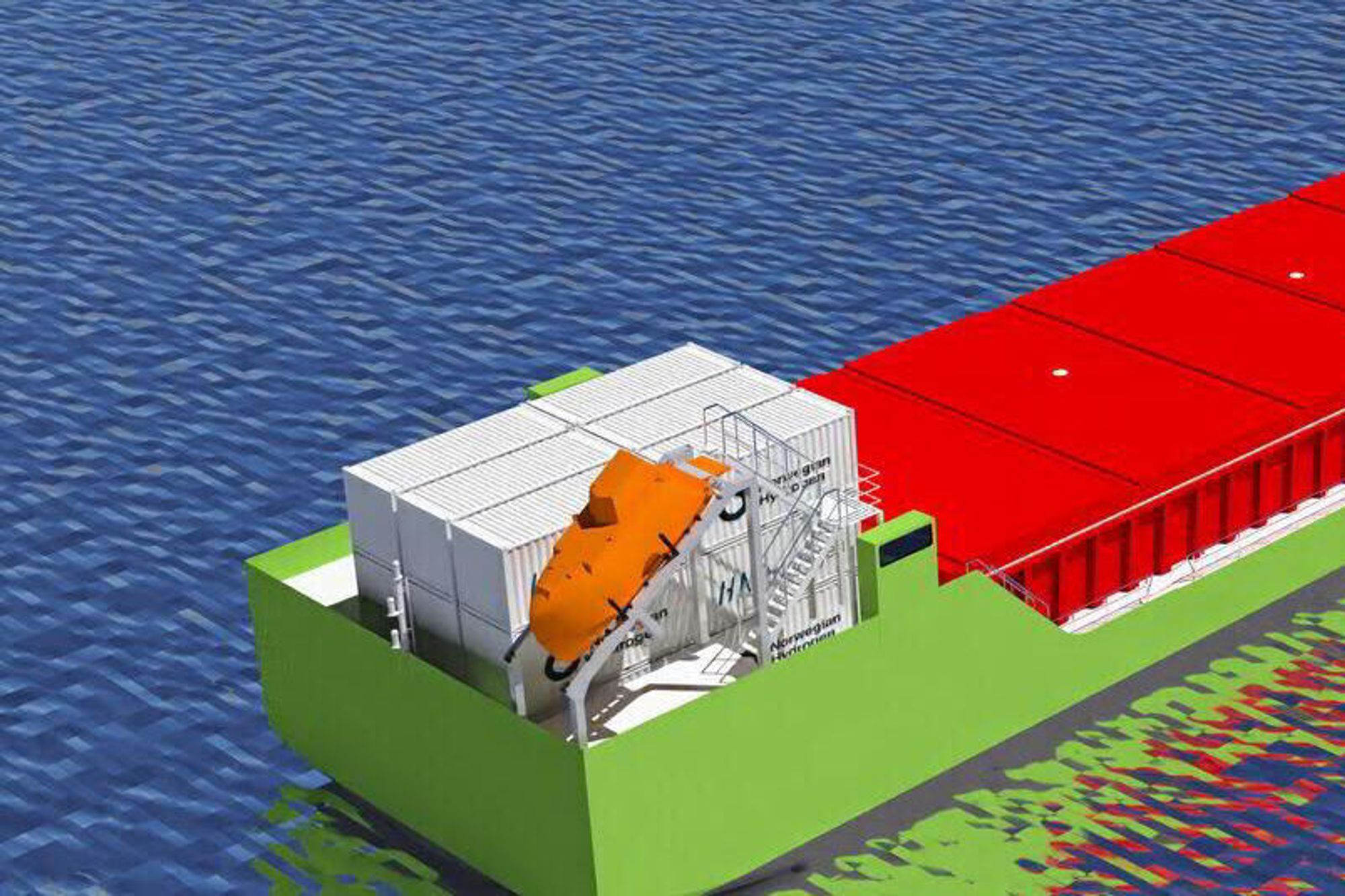 Rett ved siden av stuplivbåten, er det tegnet inn plass til 18 containere med komprimert hydrogen på det nederlandske bulkskipet til Maris Fiducia. Skipet er 105 meter langt og har kapasitet på 6.000 dødvekttonn. 