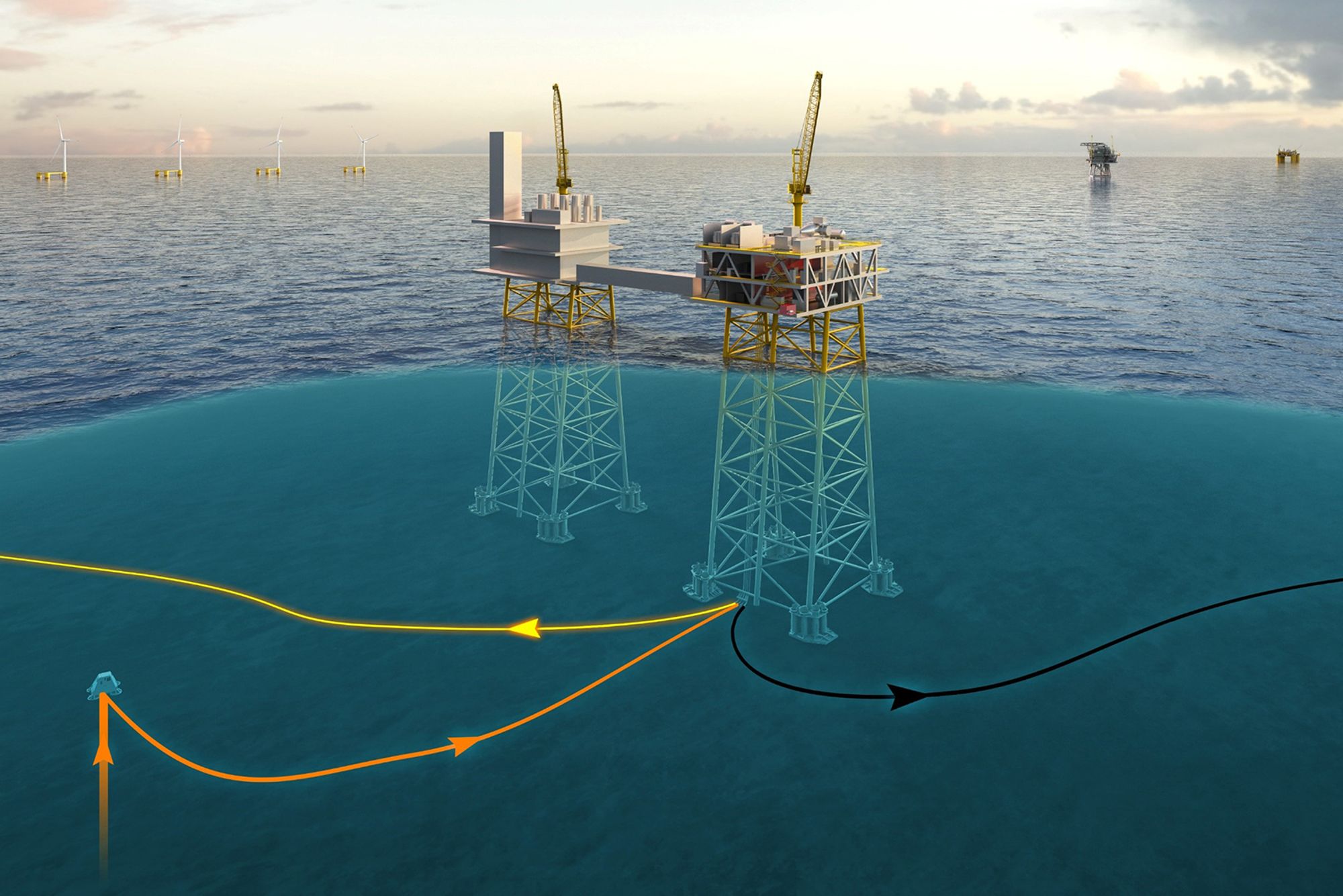 Slik vil Aker Solutions og partnernes nullutslipps offshore kraftstasjon se ut. Den skal produsere kraft fra naturgass, og fanger samtidig all CO2-en på stedet. Selve kraftstasjonen ligger til høyre, og er koblet til en oksygenfabrikk. 