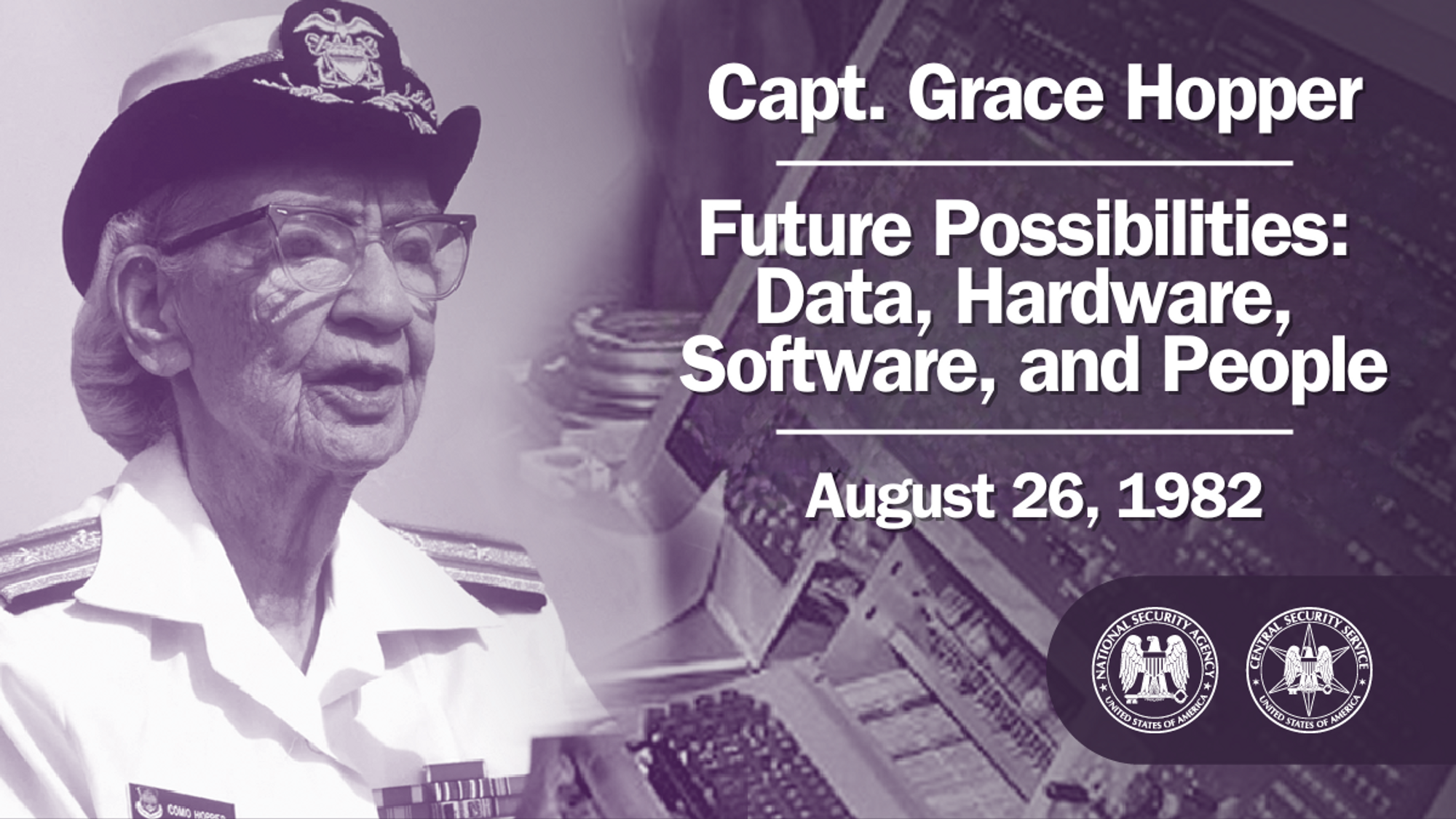 Illustrasjon laget av NSA for foredraget «Future Possibilities: Data, Hardware, Software, and People» som Grace Hopper holdt for NSA-ansatte i august 1982. På bildet har Hopper graden «commodore» i US Navy. Graden ble endret til «rear admiral» (kontreadmiral) i 1985.