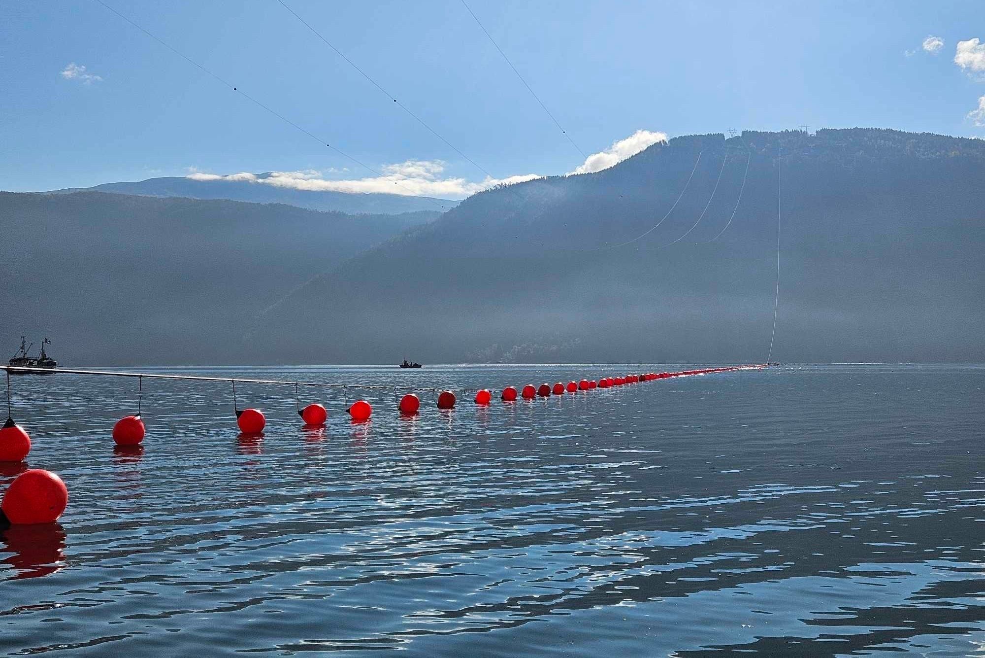 Fjordspennlina over Sognefjorden ble skadet av et lasteskip i september 2024 mens den var under oppføring. Når den står klar til høsten vil den gi prishopp i Midt-Norge, ifølge Volue.