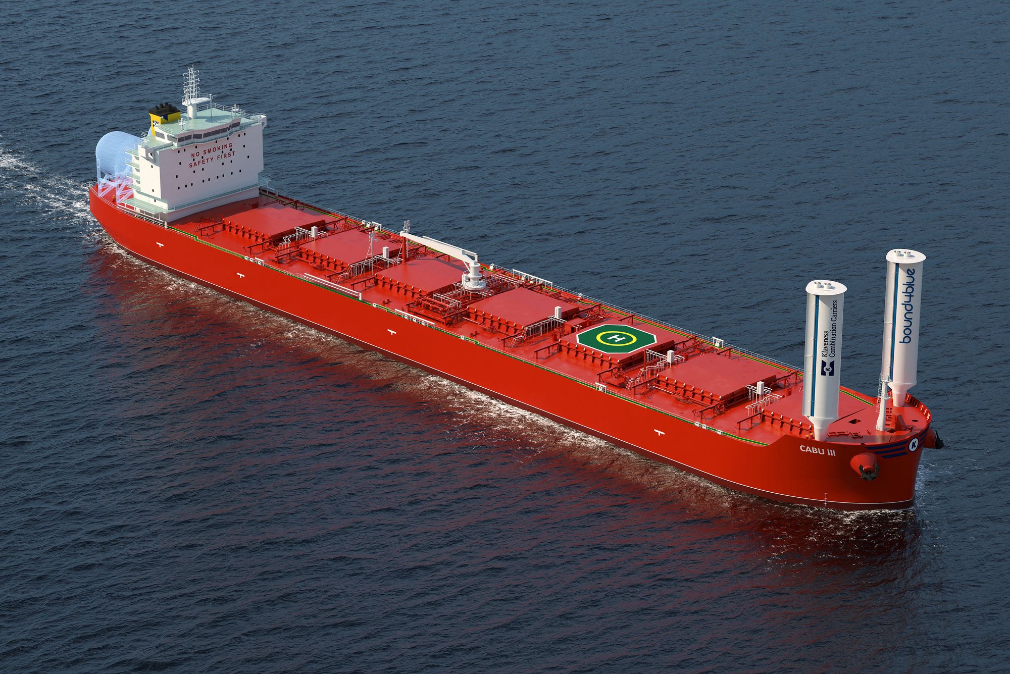 Klaveness Combination Carriers bygger et kombinasjonsskip som får to sugeseil på 24 meter i baugen. 