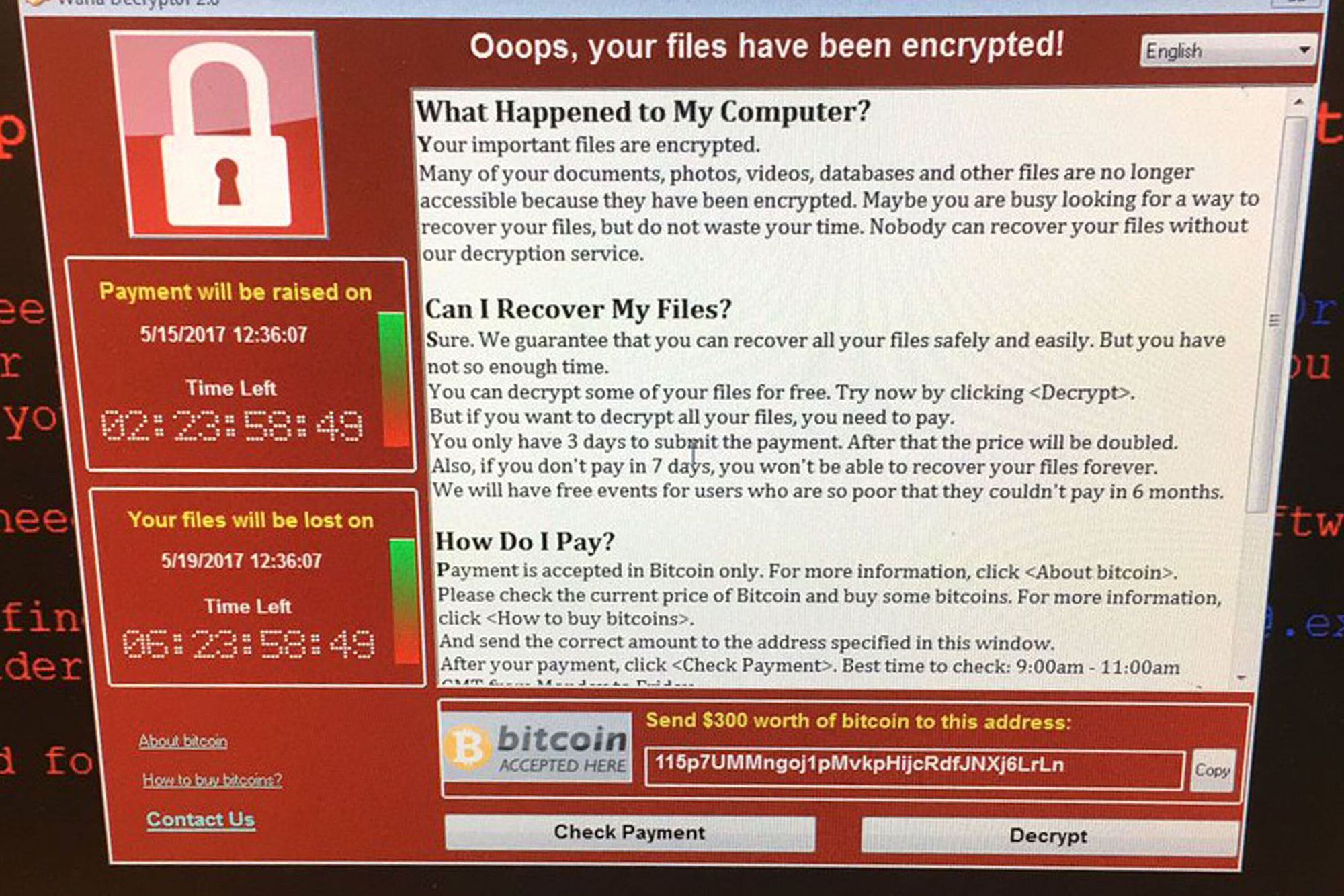 Dette skjermbildet varslet om at systemet var blitt infisert av WannaCry-ormen som blant annet lammet det britiske helsevesenet i 2017. Men historien om løsepengevirus startet lenge før dette.