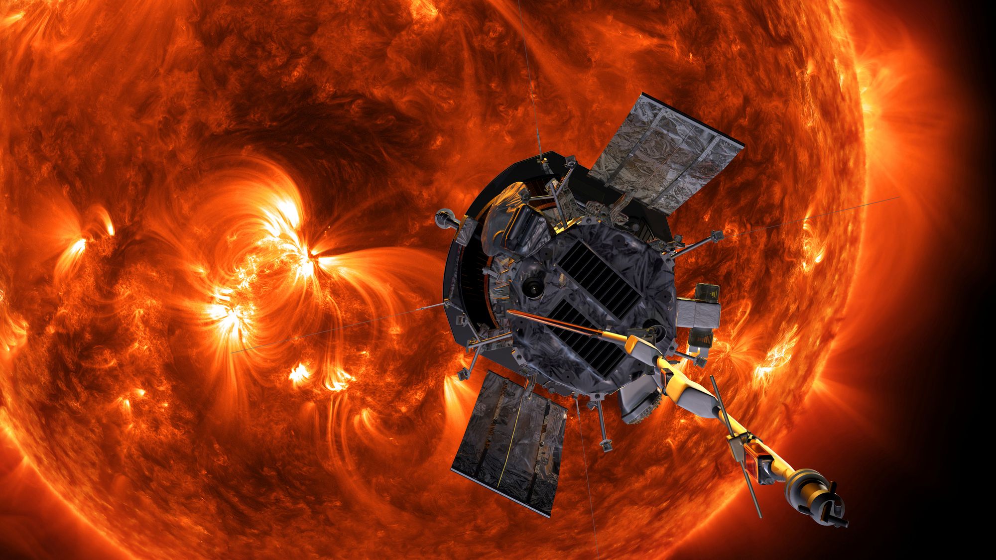 En billedlig framstilling av sonden Parker Solar Probes passering av sola. Torsdag ga den livstegn fra seg etter den tetteste passering noe menneskelig objekt har gjort. Skjoldet tåler 1370 grader celsius.