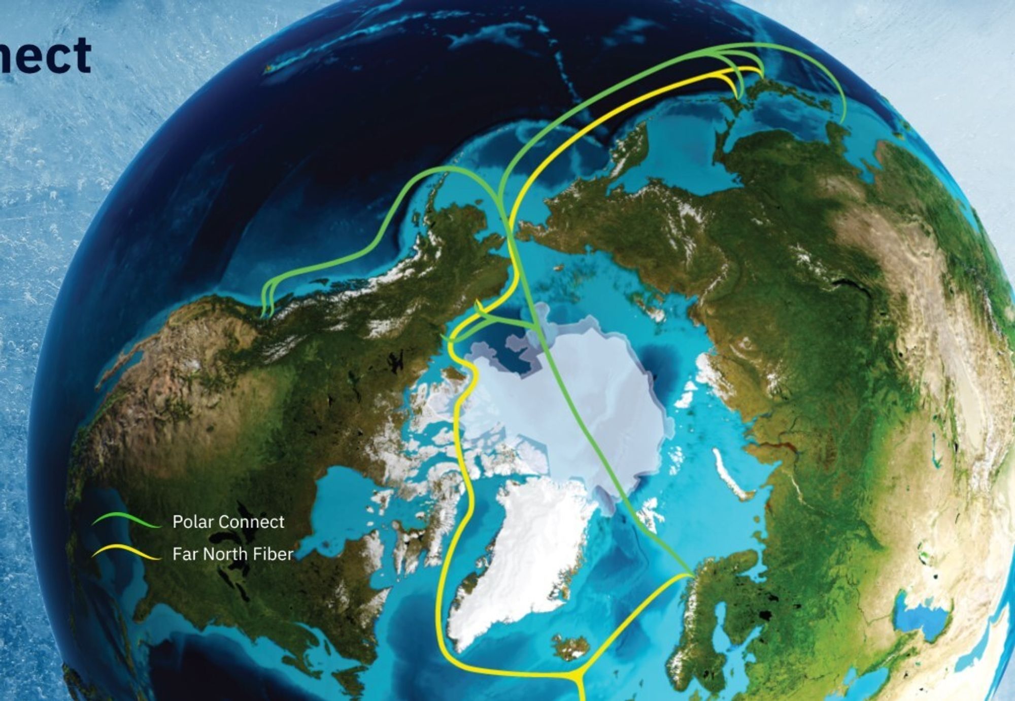 To fiberkabler planlegges nå fra Norge via Arktis til Nord-Amerika og Asia. Polar Connect-kabelen er tegnet med grønt. Far North Fiber-traseen er gul. Disse kablene kan bidra til økt robusthet for datatrafikk mellom Europa og Asia.