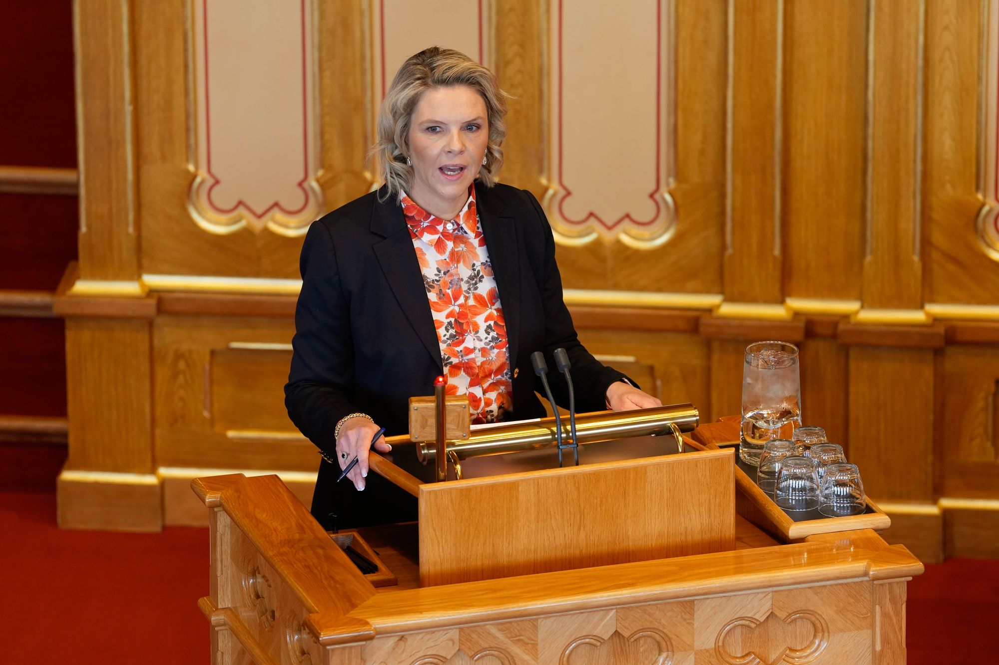 Sylvi Listhaug i spørretimen på Stortinget tidligere denne uka. Hun ønsker fortgang for forsvarsindustrien her i landet. 