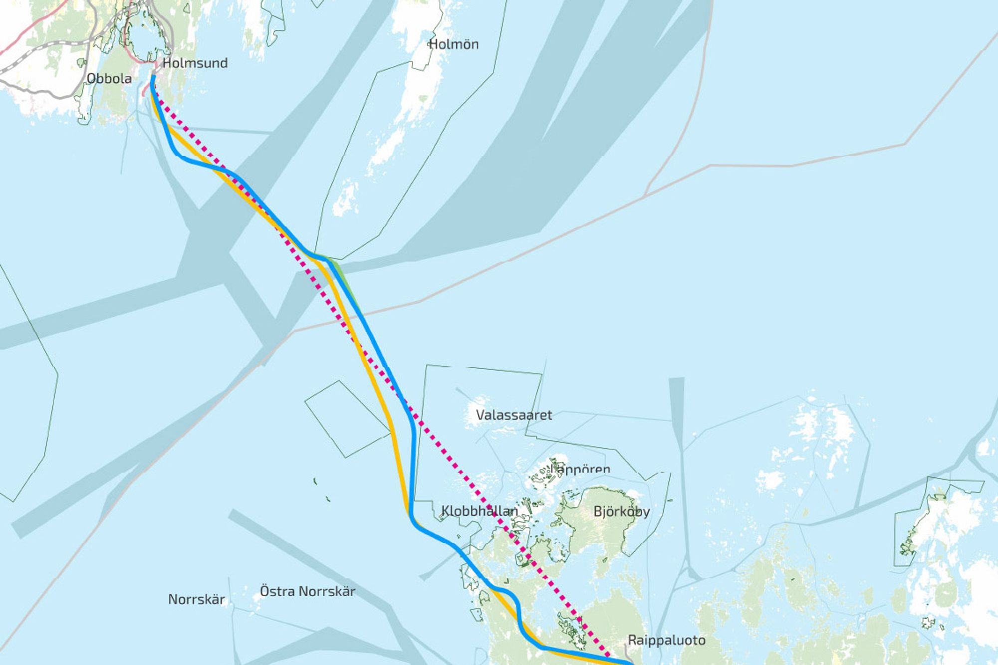 Mulige kryssinger av Kvarken mellom Umeå i Sverige og Vaasa i Finland.