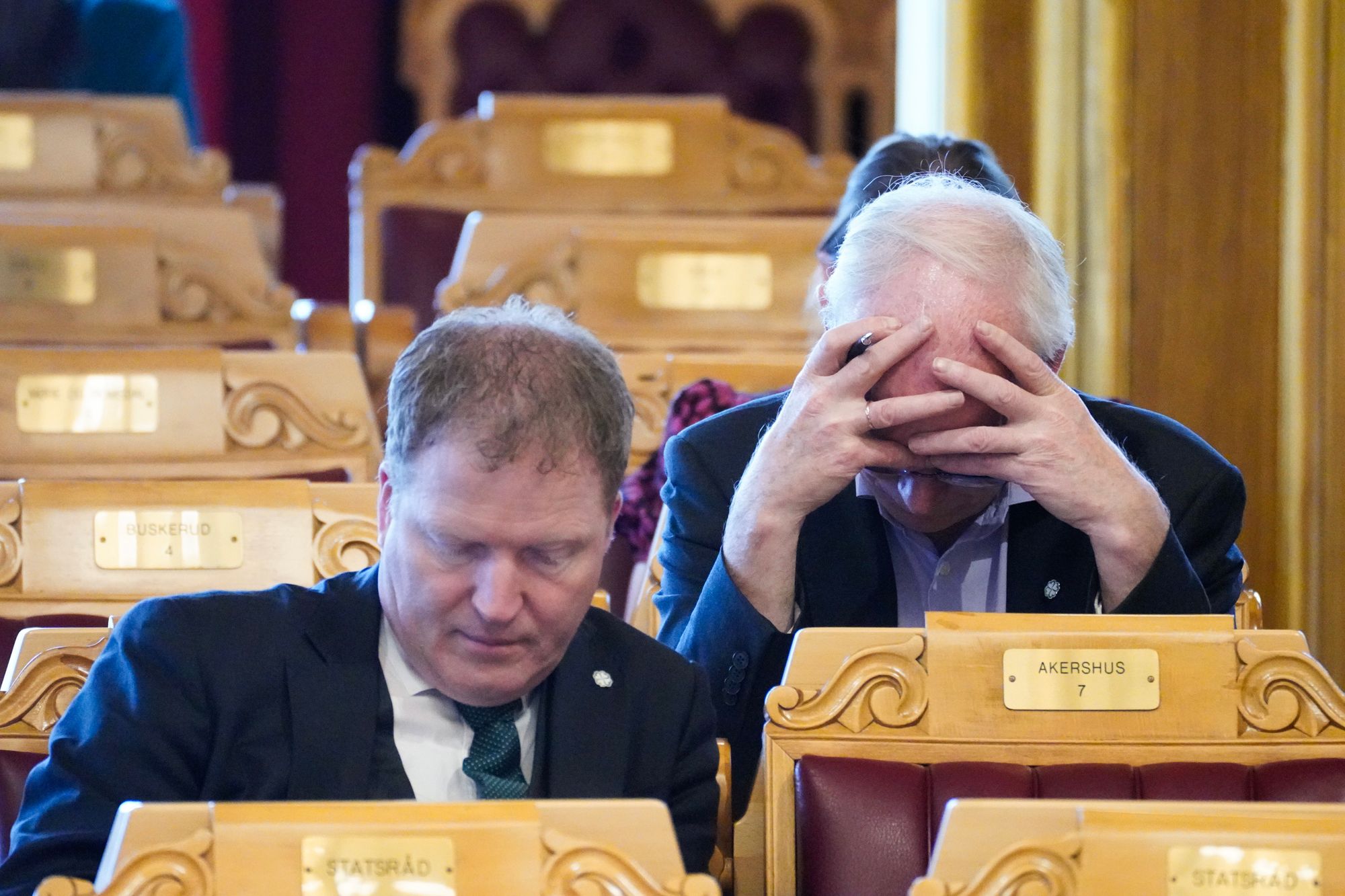 Oslo 20250409.
Sigbjørn Gjelsvik i muntlig spørretime på Stortinget onsdag. Per Olaf Lundteigen t.h.
Foto: Ole Berg-Rusten / NTB