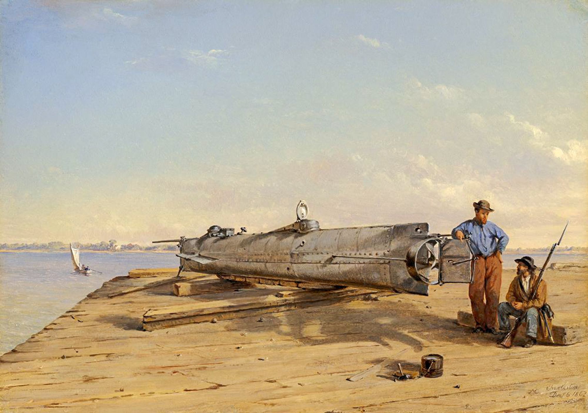 Hunley på en dokk i Mount Pleasant, noen kilometer øst for Charleston, South Carolina. Soldaten og kunsteren Conrad Wise Chapman malte dette bildet etter borgerkrigen, basert på skisser han gjorde i desember 1863. Ett eksemplar henger i American Civil War Museum.