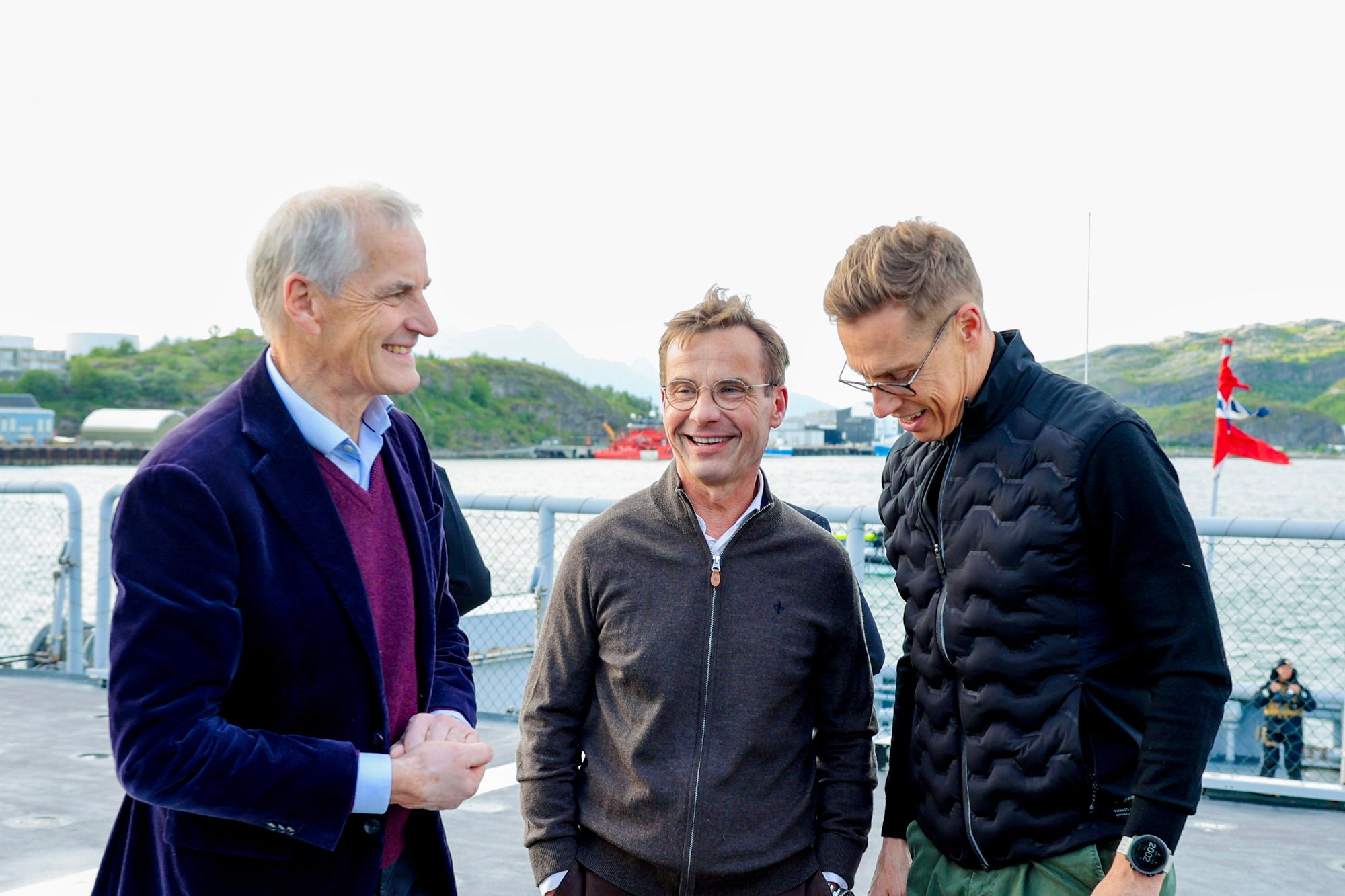 Statsminister Jonas Gahr Støre (t.v.) dro på løpetur med Sveriges statsminister Ulf Kristersson og Finlands president Alexander Stubb under deres besøk i Bodø i fjor sommer. Løpeturen ble lagt ut på Strava av Kristerssons livvakter. 