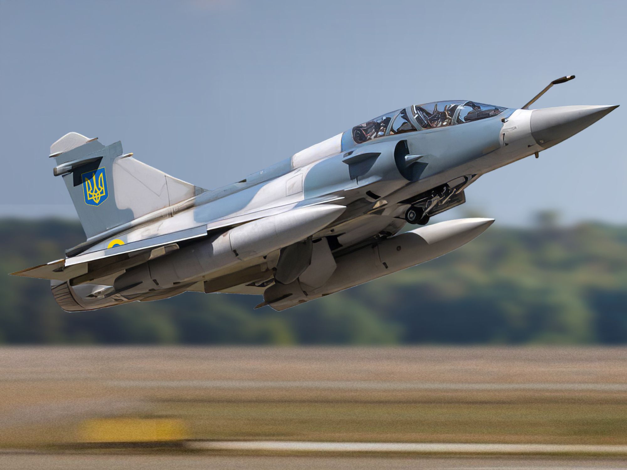 Et Mirage 2000 kampfly med ukrainsk merking tar av fra en flyplass i februar 2025.