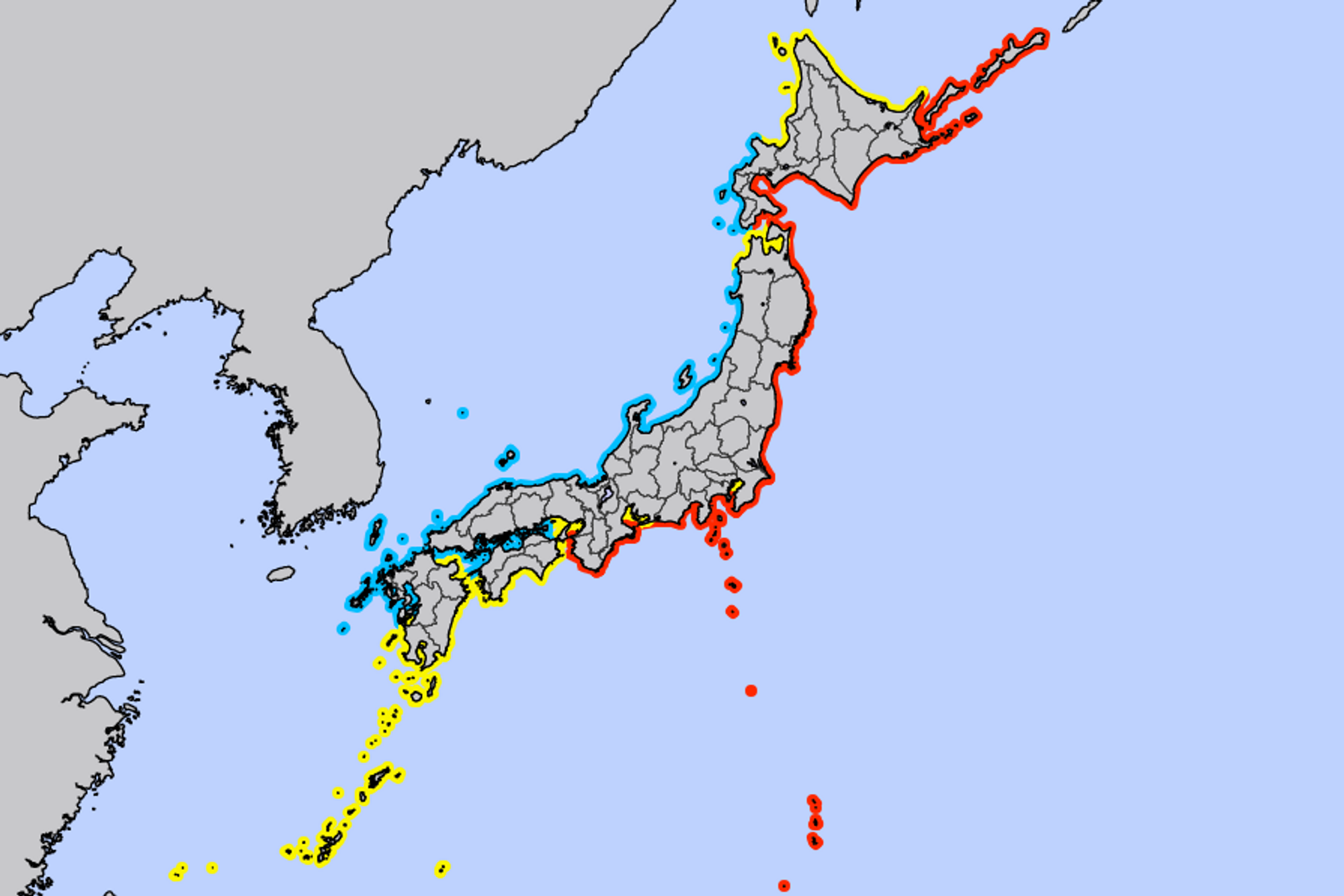 Kartet viser siste tsunamivarsel fra det japanske meteorologiske byrået.