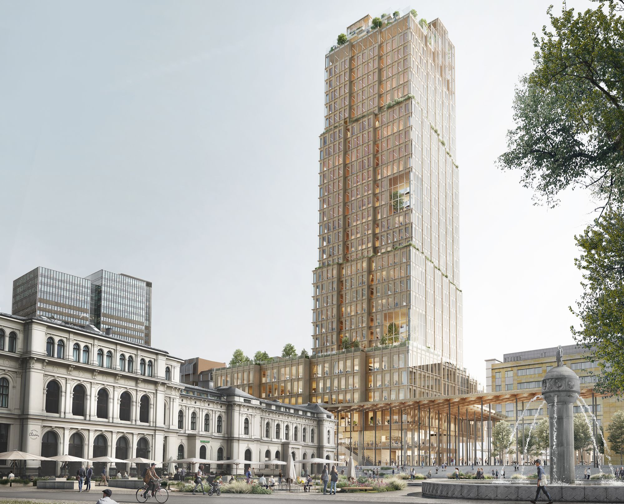 Reiulf Ramstad og Bane Nors forslag til nytt høyhus på Oslo S. De har også levert et forslag på 82 meter. Plan- og bygningsetaten ønsker ikke noen av dem.