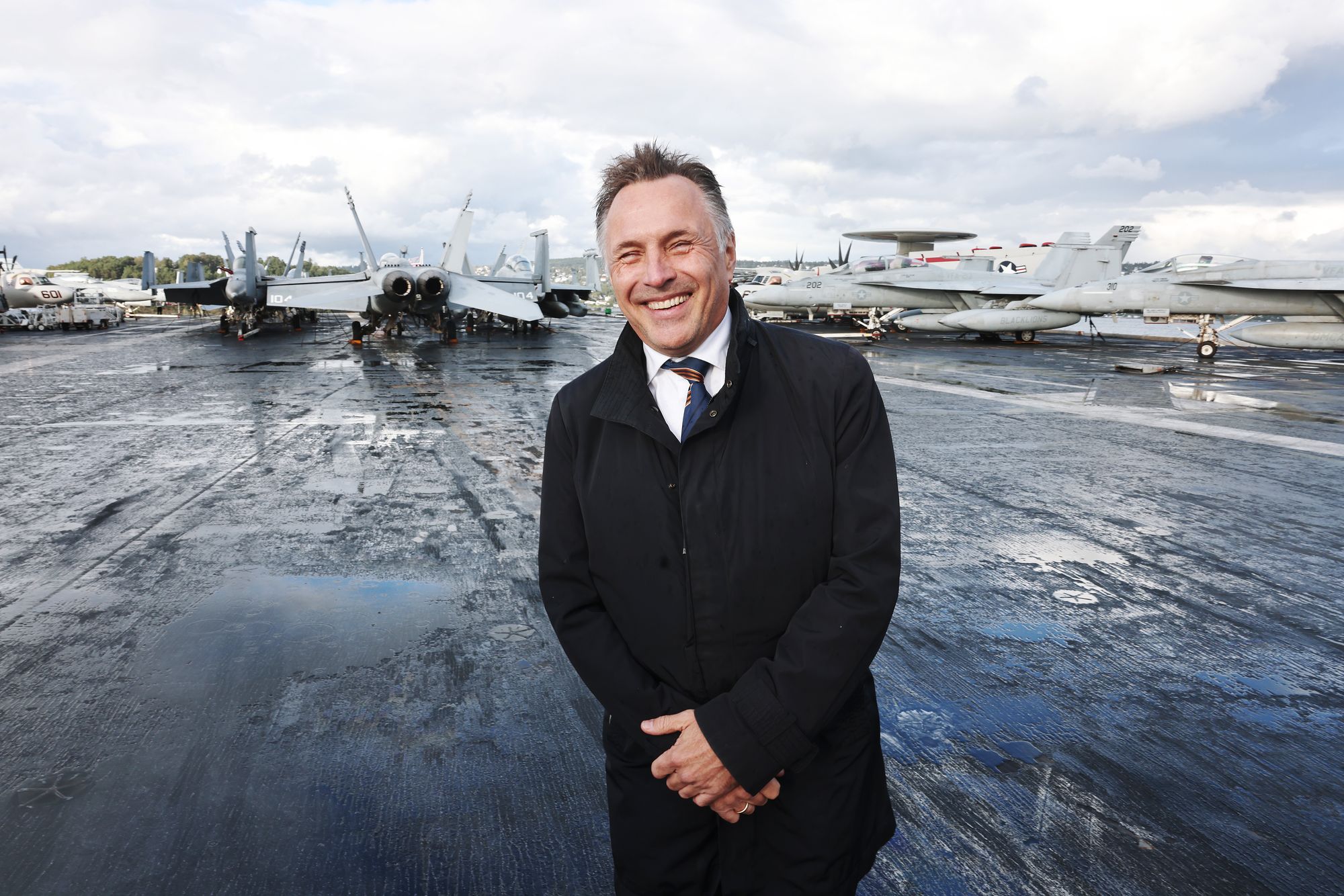 Forsvarsminister Tore O. Sandvik om bord på det amerikanske hangarskipet USS Gerald R Ford i Oslofjorden forrige uke.