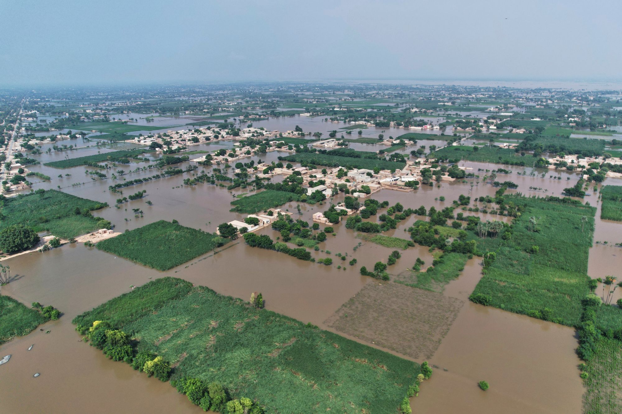 Hus står delvis under vann i et flomrammet område i landsbyen Tiba Gheal i Jhang-distriktet i Pakistan, i begynnelsen av september i år.